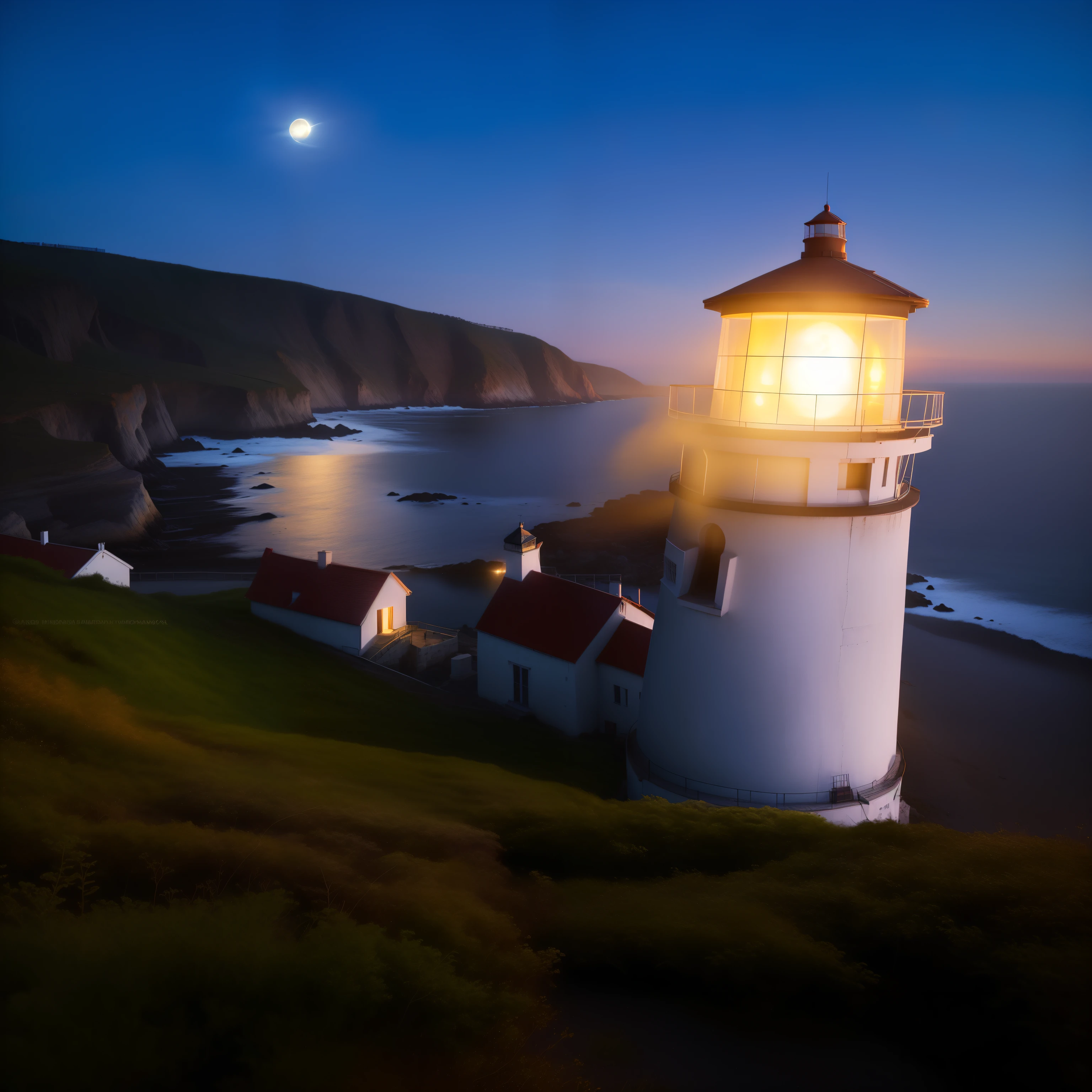 arafed view of a lighthouse with a full moon in the background, light house, lit in a dawn light, lit from above, beatifully lit, lighthouse, shining lights on cliff side, postprocessed, brightly lit, beautiful lit, golden hour lighing, brightly lit!, light, night light, post processed, ( greg rutkowski ), post-processed