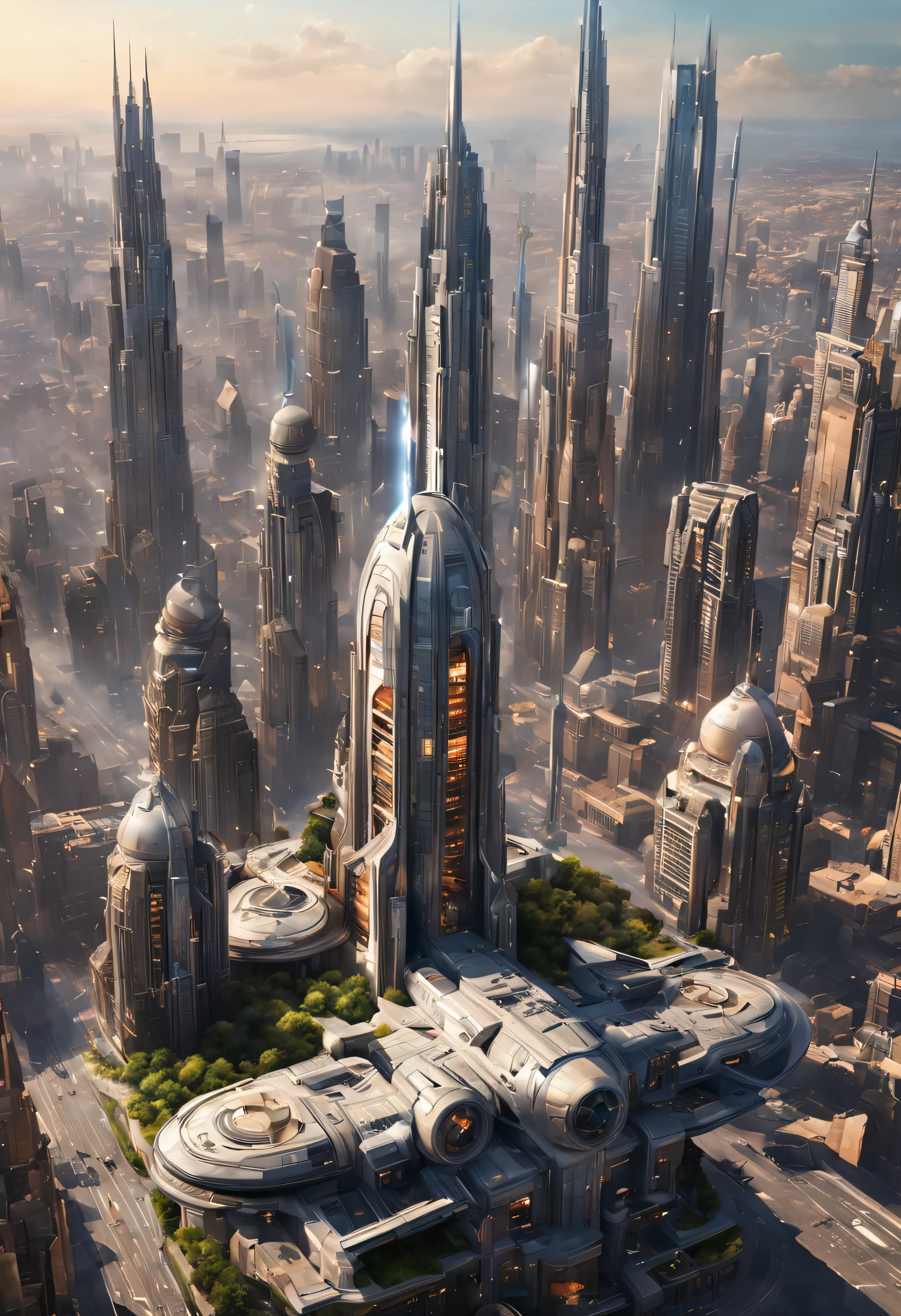 (The city of Coruscant from Star Wars as designed by Doug Chiang), futuristic fantasy city with immense buildings of technological design (que forman una avenida infinita), edificios compactor no difuminados con aspecto metalico, luces en ventanas en edificios, iluminacion diurna con sol, con estructuras acristaladas espectaculares, (con colores vivos). pavimento ensolado (sin brillo). gente paseando. imagen bien definida con muchos edificios juntos. imagen nitida bien definida 8k. los edificios llegan alta el fondo.,8k. imagen cinematografica. ((obra maestra de superior calidad)). (renderizado 3D). ((arquitectura impecable).