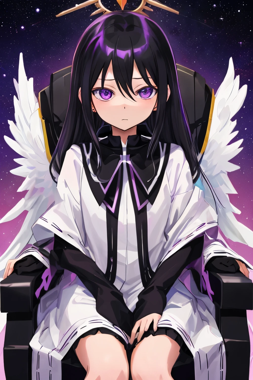 cosmic background sitting in a throne {Akemi_Homura_Puera Magimado Magica:1.15} Black wings