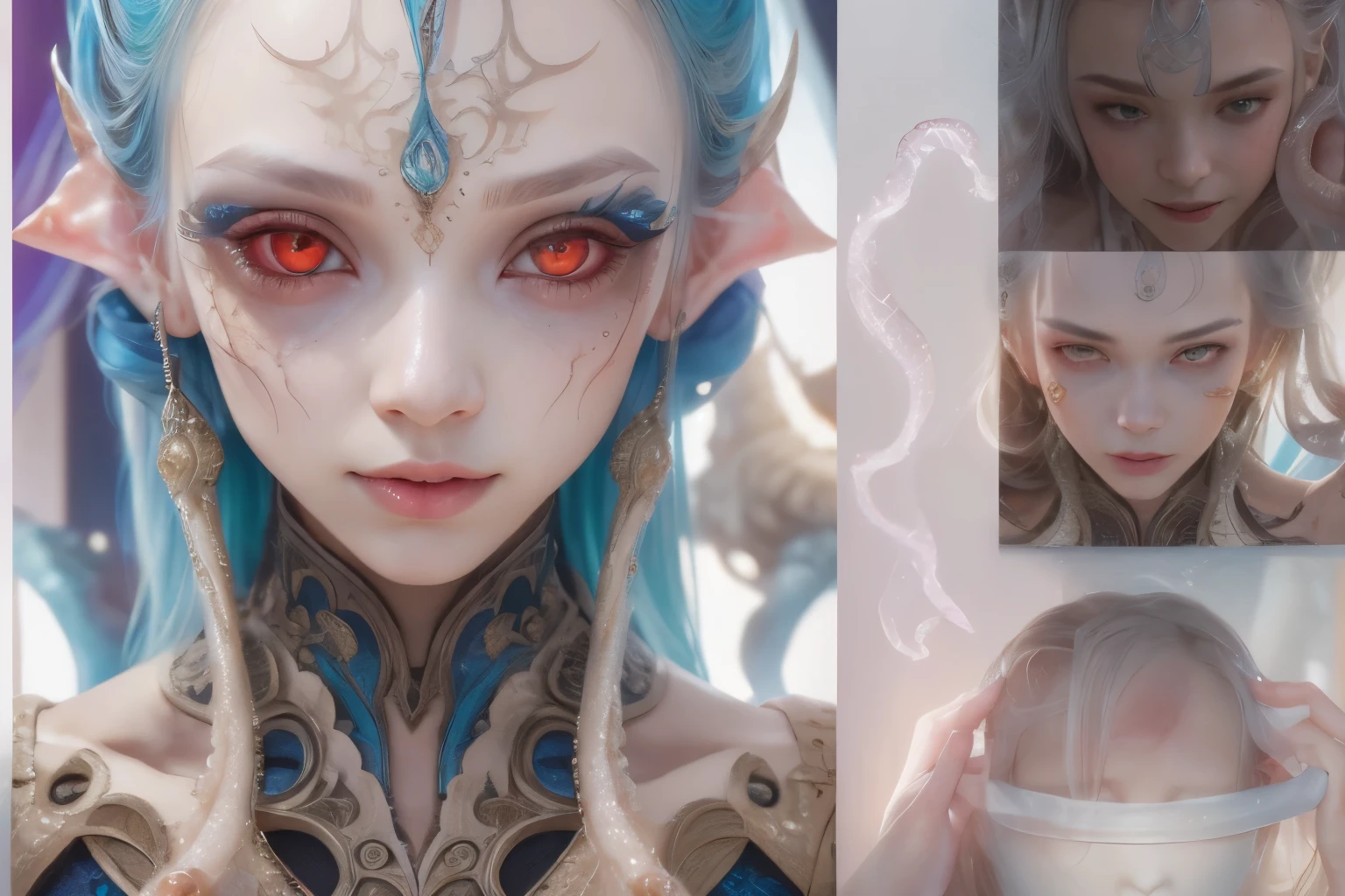 Portrait, (beautiful female alien:1.2), (There is a female genital-like organ in the middle of the forehead:1.8), (The most beautiful face in the history of the universe:1.2), (scarlet eyes:1.6), (Translucent skin:1.8), an evil gaze that seduces , (red eyes:1.5), Full body like, (bio luminescent:1.2), (Smile wickedly:1.3), (sexypose:1.5), alien, No humans, cells are fused, (Lots of translucent tentacles:1.1) (Translucent skin:1.3), extraterrestrial, cell, bio image, 魅惑的, Best Quality, 8K,4K_quality, High Definition, Dramatic Lighting, masutepiece:1.5,cinematic quality, detail up, (Intricate details:1.2), High resolution, High Definition, drawing faithfully, (Thick eyebrows:1.2), Beautiful eyes with fine symmetry, (Ultra detailed eyes:1.2),(Highly detailed face and eyes:1.2), (High-resolution red-eye:1.4), Intimate face, (Super detailed skin quality feeling:1.4), Perfect Anatomy, (Beautiful toned body:1.5), (Moist skin:1.2), No makeup, (dark circles:1.1), long canines, cinematic drawing of characters, ultra high quality model, cinematic quality, detail up, (Intricate details:1.2), High resolution, High Definition, drawing faithfully, Official art, Unity 8K wall , 8K Portrait, Best Quality, Very High resolution, ultra detailed artistic photography, midnight aura, unreal enginee 5, Ultra Sharp Focus, art by alberto seveso, ArtGerm, Roisch, intricate artwork, Medusa, best quality, masutepiece, ultra High resolution, (photos realistic:1.4), Ultra-realistic realism, dream-like, nautilus, Creation of fantasy, Snail, Dream Snail, biopunk nautilus, Thrilling color schemes, Ultra-realistic realism, seductively smiling, Blue tentacles