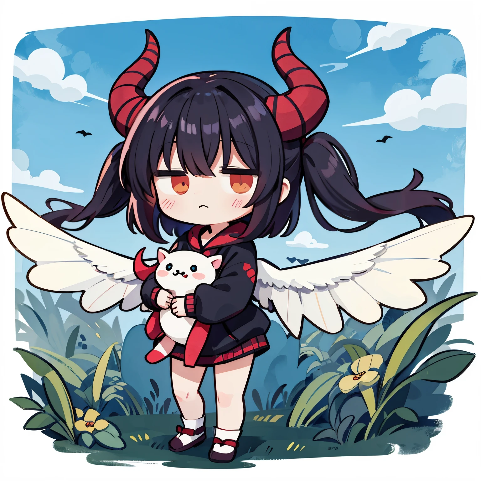 (Chibi:1.2), full bodyesbian、Kigurumi,succubus、succubusの着ぐるみ、Devil's Wings、Horns、watercolor paiting, Standing, Sunlight, (work:1.2)