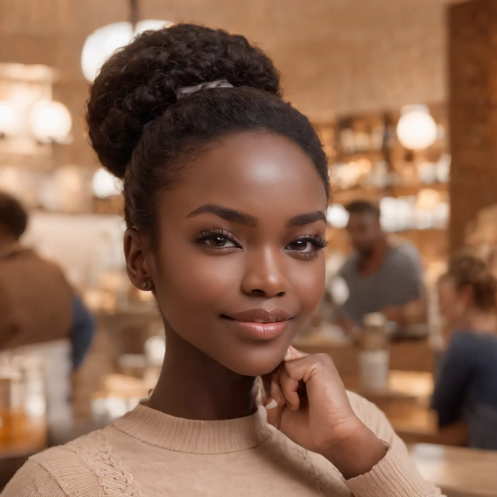 ((Dark African skin, Very deep ebony skin)), ((Its beauty undeniable)), ((Excited cute face)), ((Hyper detailed perfect eyes,)), ((pose mignonne)), ((Langue sortie)), ((Seductive )), ((warm beige turtleneck, jeans, coffee)), ((Afro ponytail with long African curly hair,)), (( peau)), ((debout, vue de face)), ((toucher ses propres jambes dans une pose sexy)), ((The Hague, bar, coffee , Ville publique, people in the background)), ((doing groceries)), Sharp Focus CGI, photoreallistic, High detail, Realstic, Masterpiece, absurdes, Best quality, Hdr, High quality, high-definition, Extremely detailed, 8k wallpaper, Intricate details, 8K UHD, Full-HD, (photo realist:1.2), contraste, intense illumination, lighting cinematic, natural lighting, veilleuse, Nuit, Illumination globale, Laughing out loud, a la piscine African women、Female sexy, the hague