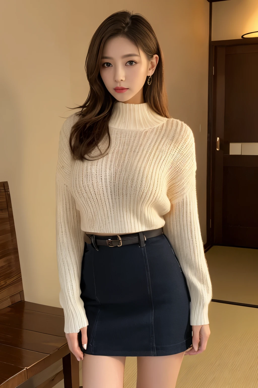 masuter piece, top-quality, ​masterpiece, hight resolution, Photorealsitic, sharp, Raw photography, 8k wallpaper, flawless, profetional lighting, ighly detailed, depth of fields,Pale solid color background, ((one beautiful women, japanese mature)), (18year old)), Female sexy, Detailed face, beautidful eyes, bangss, small breasts of good shape, Light Brown Straight Hair, Faint lips, ((standing at front、Staring at the viewer, serious face eyes.)), Sweaters, skirt by the, fully body photo, cowboy  shot