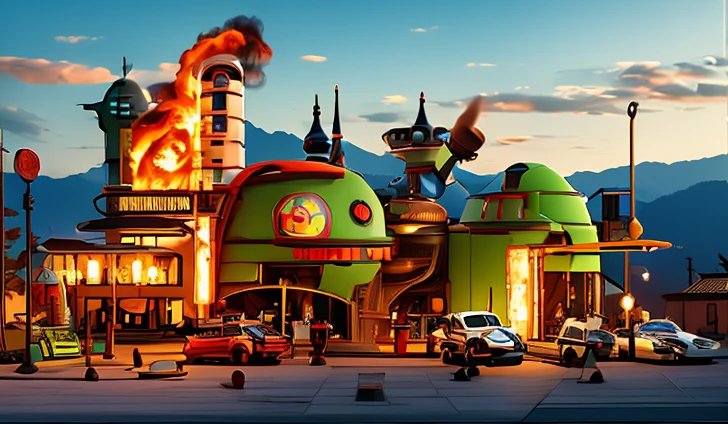 (((Futurama Style))) Bender burn German Chinese Restaurant on fire, 1robot, Gray Skin, pac-man eyes, longeyelashes, evil smile, Pop art, 8k