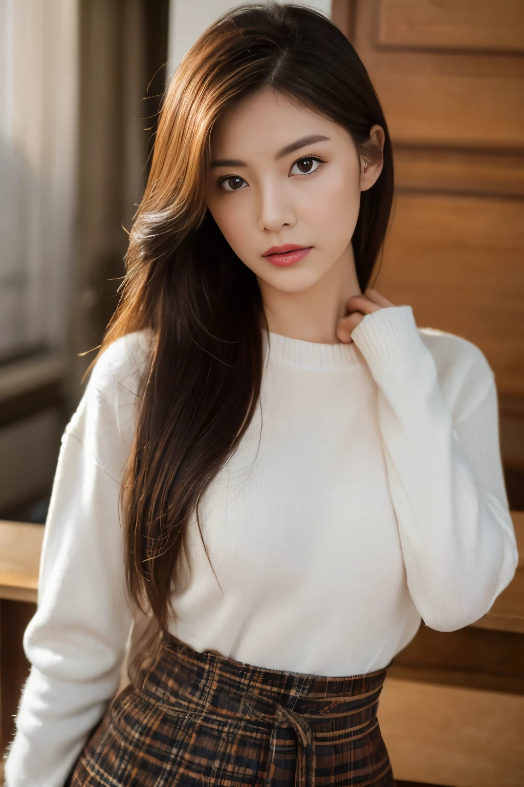 Normal chest,Thighs,cute,White furniture,(Detailed face),A silky grey sleeveless turtleneck outfit,4K,Ultra-high resolution,（Photorealistic：1.7）,Black long hair,