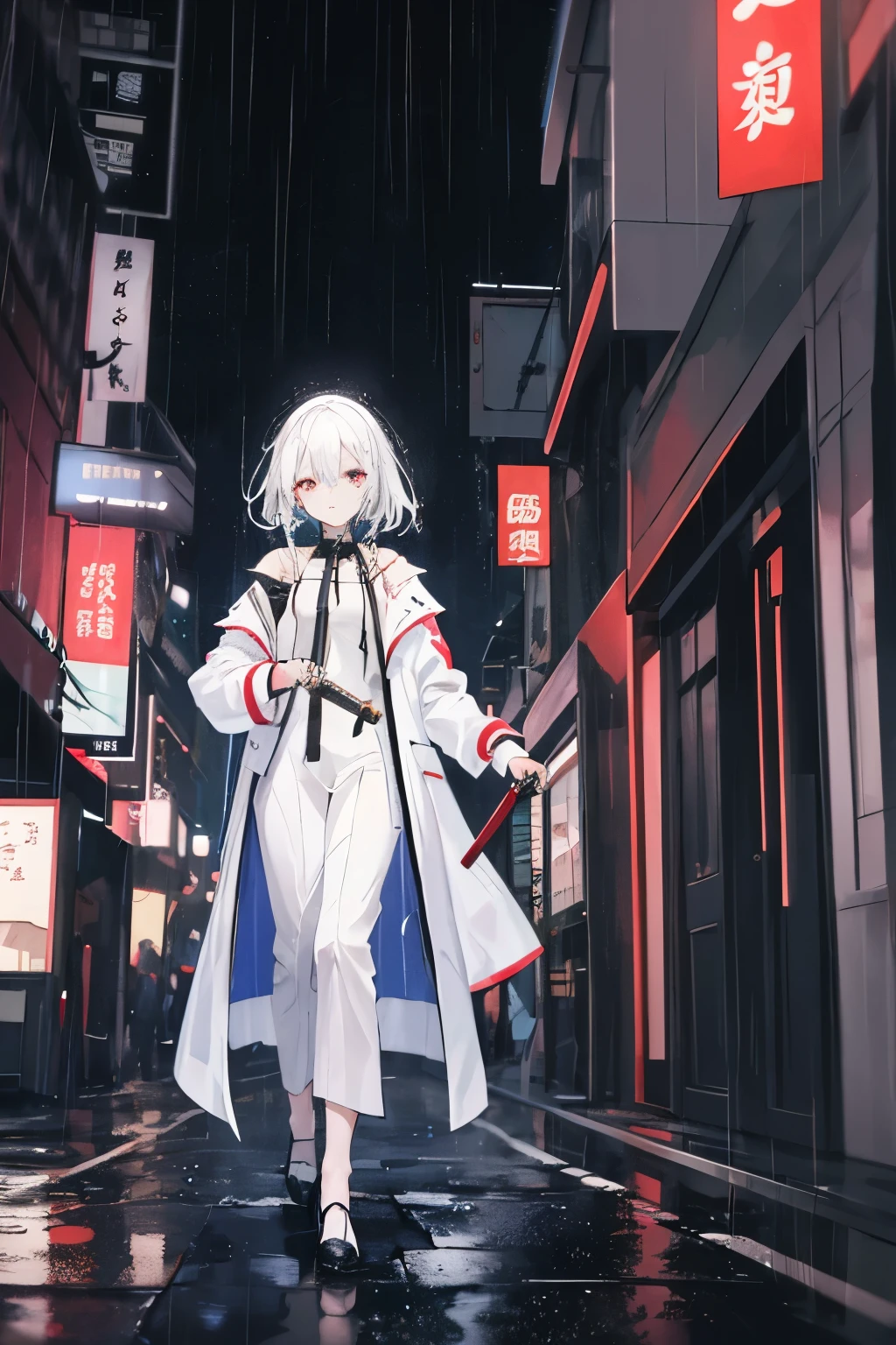 A girl with shoulder-length white hair，Wearing a white coat，Walking in the bustling city in the night rain。The girl holds a black and blue high-tech long knife in one hand， is a perfect face，The blade is very long and thin，The girl is dressed in black silk