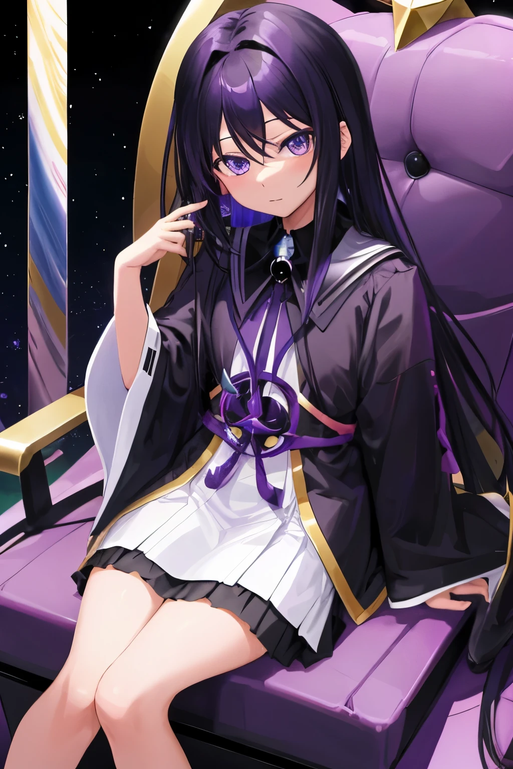 Jewelry Background Sitting on the throne Centered Navy Blue Dress She is a girl in the upper grades of elementary school.。Navy blue straight long hair、Bangs are bangs Purple Eyes
