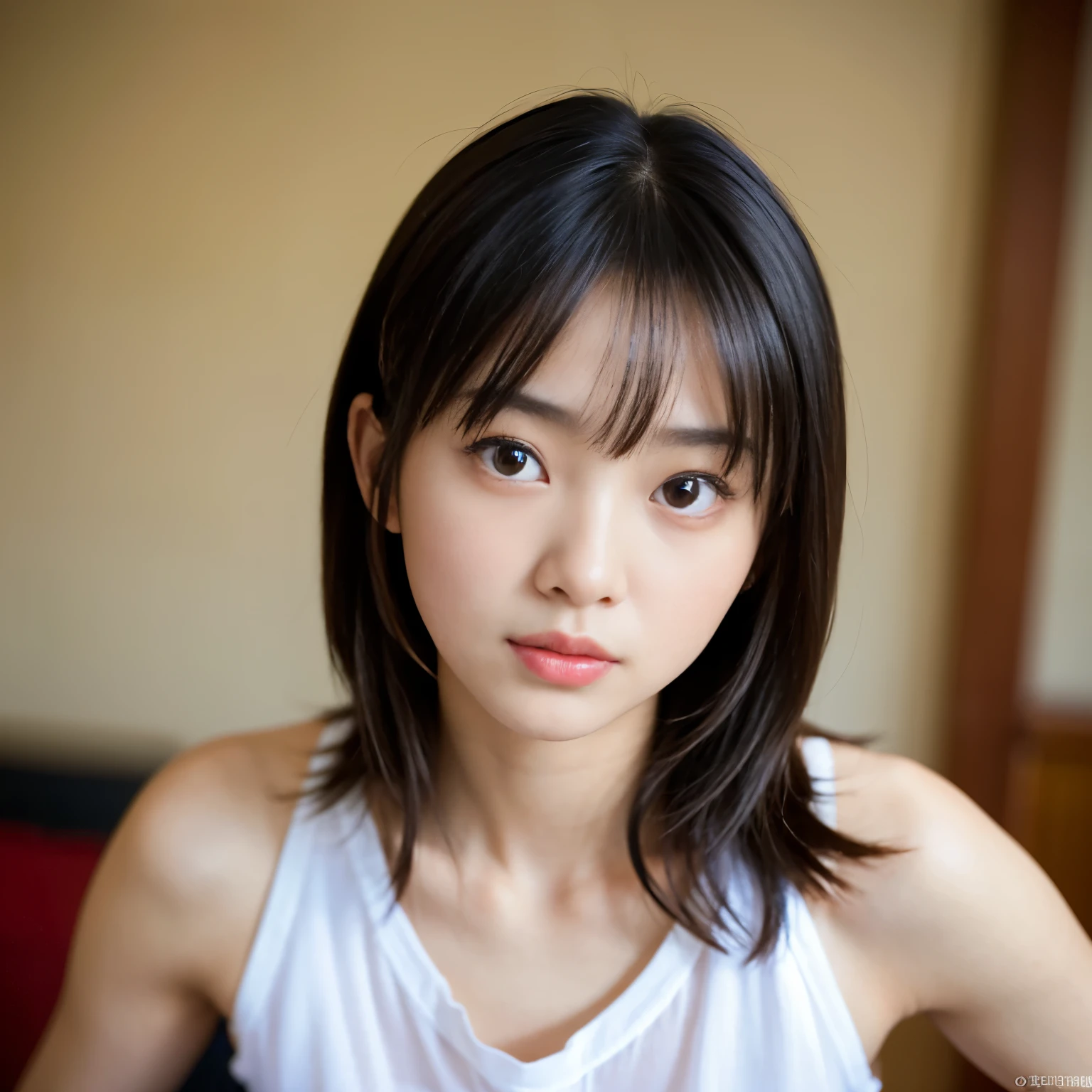 1 girl, woman, 18 years old, Asian girl, portrait face and a perfect oval face, realistic face, realistic eyes, closed mouth, side lighting, desktop wallpaper, looking at viewer, enchanted forest in the background, diffuse back -shot, outside, (((bald girl))), looks at the viewer in the face,