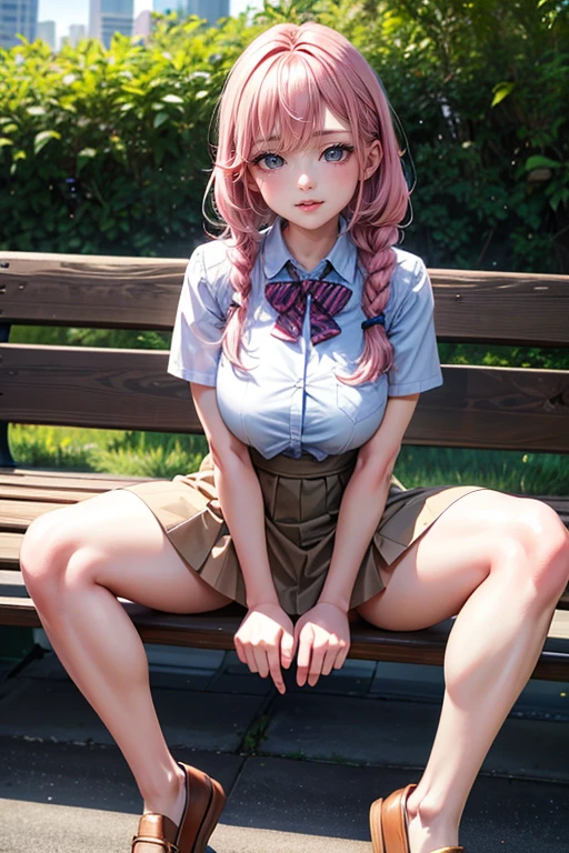 (best quality,4k,8k,highres,masterpiece:1.2),pink hair,short braided hair,beautiful big breasts,girl's eyes are beautifully detailed and expressive,girl's lips are beautifully detailed,ultra-detailed,realistic,wearing school uniforms,playfully enjoying the moment,colorful and vibrant,soft natural lighting。Unbutton your shirt。sit on a bench and open your legs。put your feet on the bench。