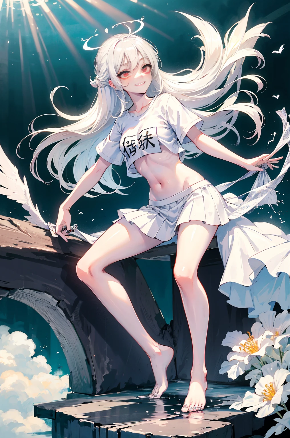 Hyper-Resolution,
(realistically:1.3),
(1 Slim girl), Fashionab女孩, Fashionab,
Young face, red eye makeup,The face is red, (energetic smile),
(Slim) upper legs,
Navel-baring T-shirt), (above the knee skirt),swimming uniform,Exotic Maihime,
,Fashion show,
be on stage,Audience,Full body photo,Barefoot,emo girl, kawaii, silber hair, Angelic, angel ring, locks,, The white花, The white, pure white, silvery white