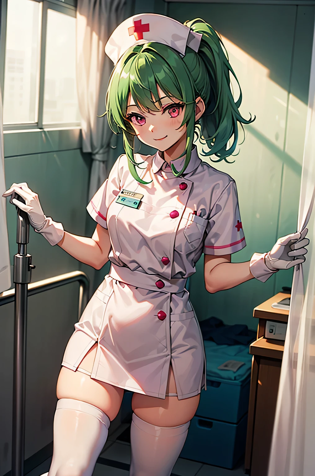 1girl, solo, nurse, nurse cap, white wear, ((white legwear, zettai ryouiki)), white gloves, ponytail, green hair, pink eyes, smile, standing, ((hospital room)), sharp outline, short sleeves, best quality, masterpiece