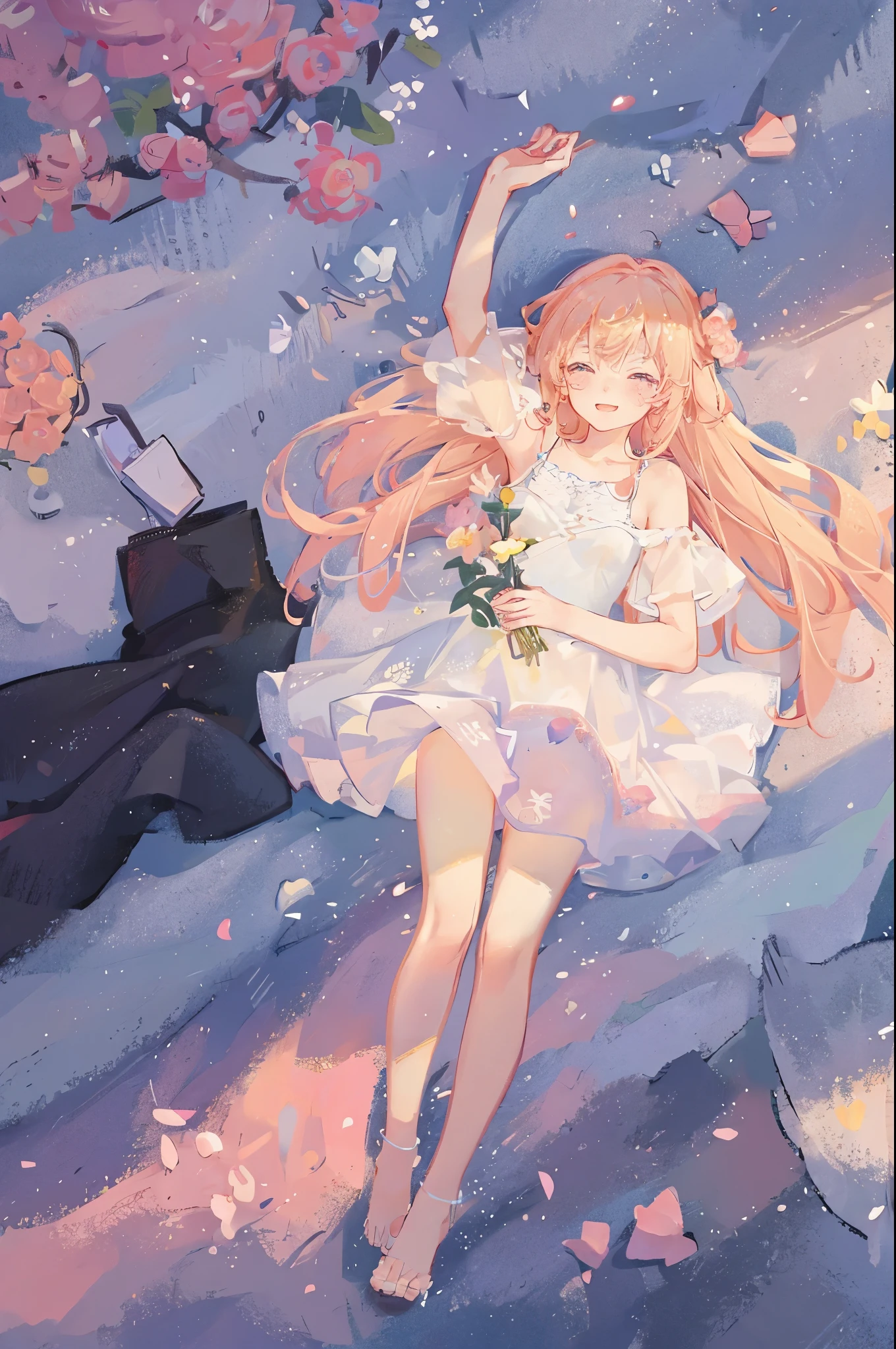 (masterpiece, best quality, ultra-detailed, highres, best illustration, 4k, HD), (portrait) (1 beautiful young girl) (a rose-themed fantasy princess) ((holding a boquet of pink roses)) ((a smiling, charming facial expression (blushing) )) ((shining expressive azure eyes)) ((lustrous, flowing blonde hair)), detailed upper body, ((a pastel-pink plain dress with frills)) ((petite body type)) ((pale sunkissed skin)) ,looking at viewer, (windy environment, particle effects, ethereal light background), ( ((2hands)) small, tiny, proportional,) ((soft golden sunlight that goes through her hair)), ((natural pose)) colorful, (flower garden)