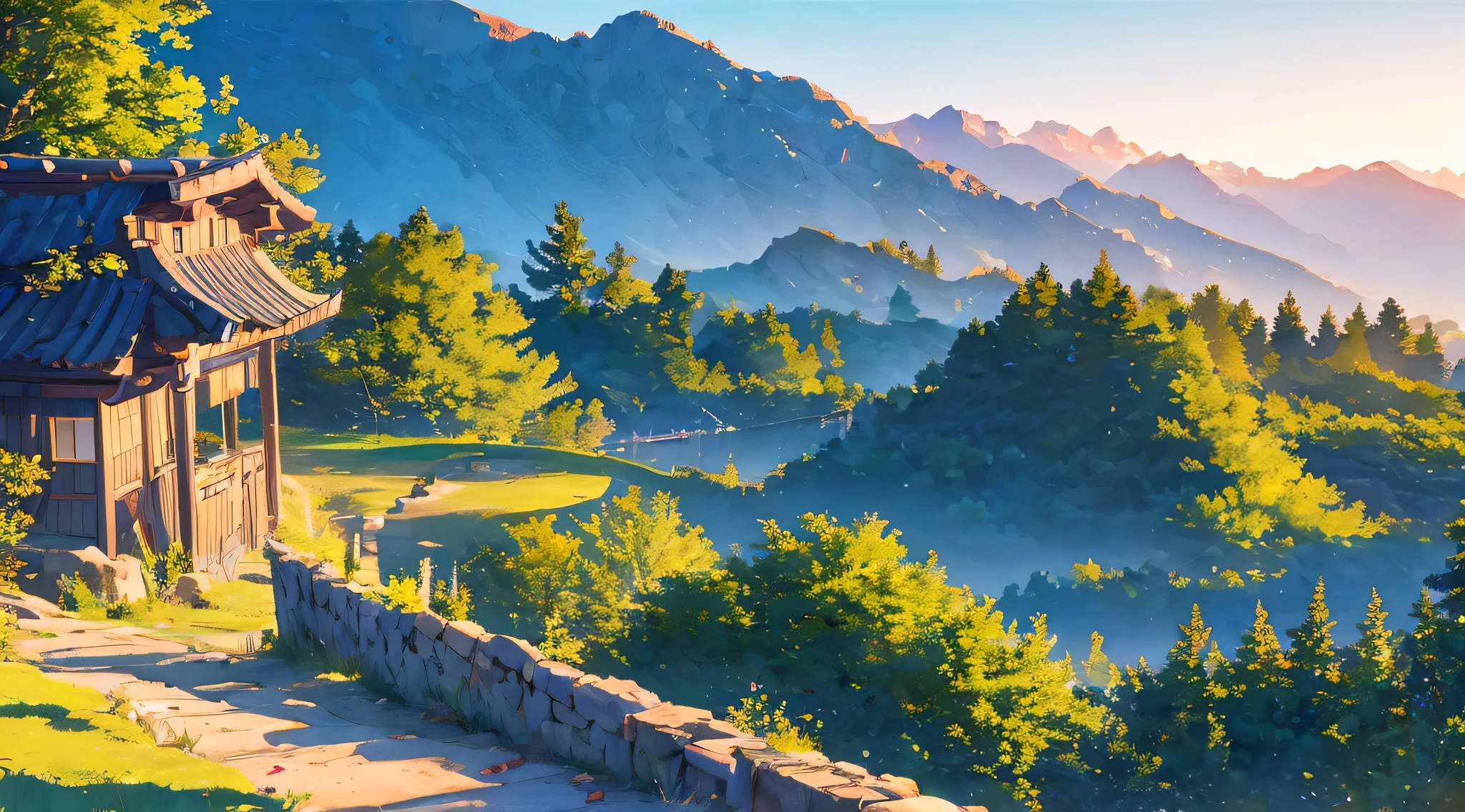 Makoto Shinkai's style，early evening，A mountain road up the mountain，in ancient，Faraway view，NOhumans，no buildings