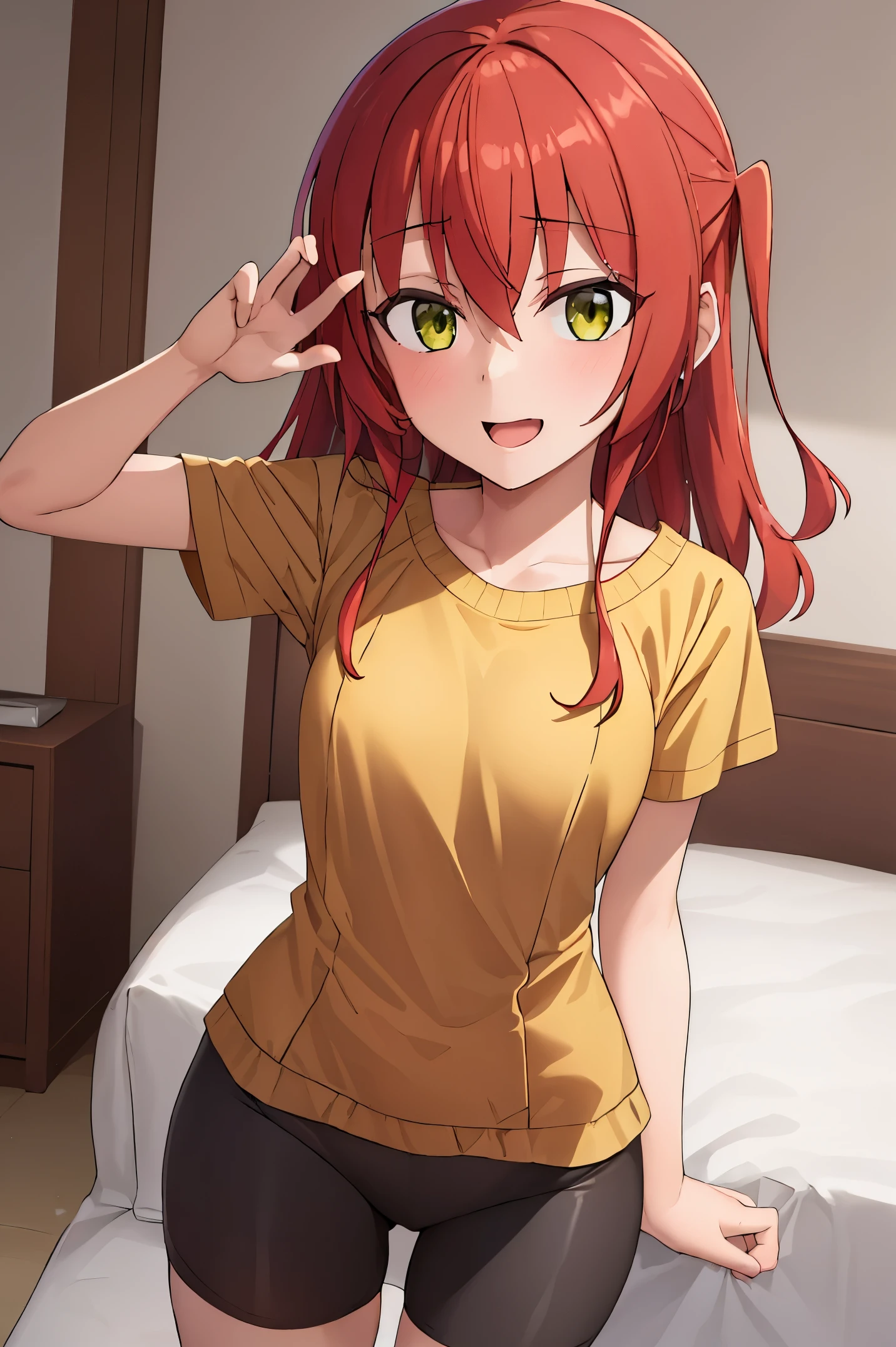 1 girl, best quality, ultra high res, long hair, red hair, green eyes, looking at viewers, small breast, standing, pov, slim body, loli body, small body, smile, open mouth, yellow shirt, short sleeves, bike shorts, bedroom, white bed sheets,
