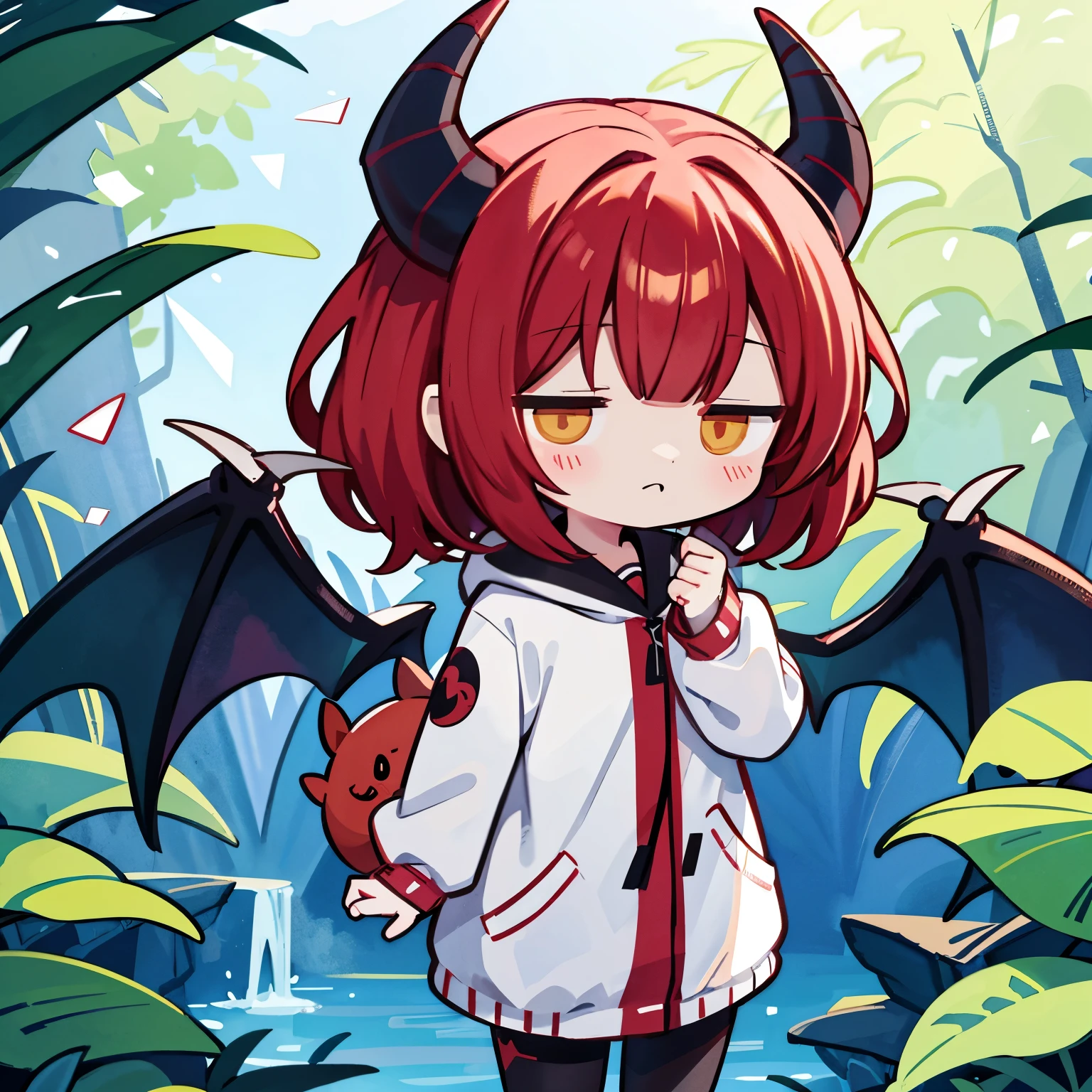 (Chibi:1.2), full bodyesbian、Kigurumi,succubus、succubusの着ぐるみ、Devil's Wings、Horns、watercolor paiting, Standing, Sunlight, (work:1.2)