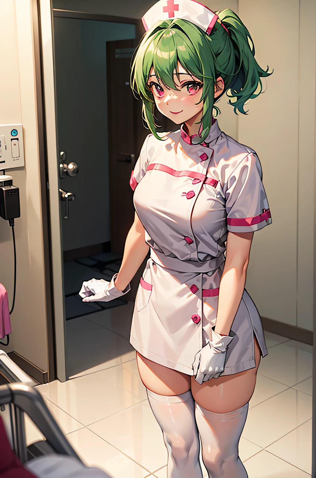 1 girl, alone, nurse, nurse cap, white clothes, ((white legwear, zettai ryouiki)), white gloves, ponytail, green hair, pink eyes, ((white surgical mask, covered nose)), Are standing, ((hospital room)), sharp outline, short sleeve, highest quality, masterpiece