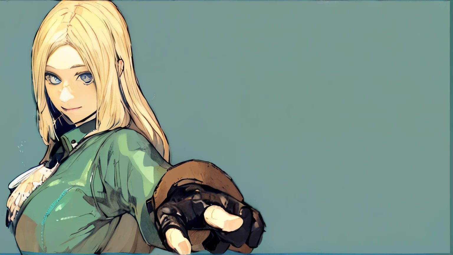 eyes large、Blue eyes、a blond、Lunette de soleil、green leather shirt、Skin、Leather handbags、Sketched、Background white、Anatomically correct fingers、Anatomically correct fingers、