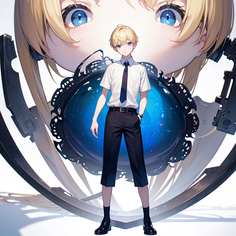 ultra detailed, insanely detailed, a boy, standing, looking at viewer, short hair, blonde, blue eyes, wide-eyed, pale skin, petite, t-shirt, shorts, necktie, belt, baby face, boyish, 10-year-old, white background, solid white background, full body shot, from front, wide view