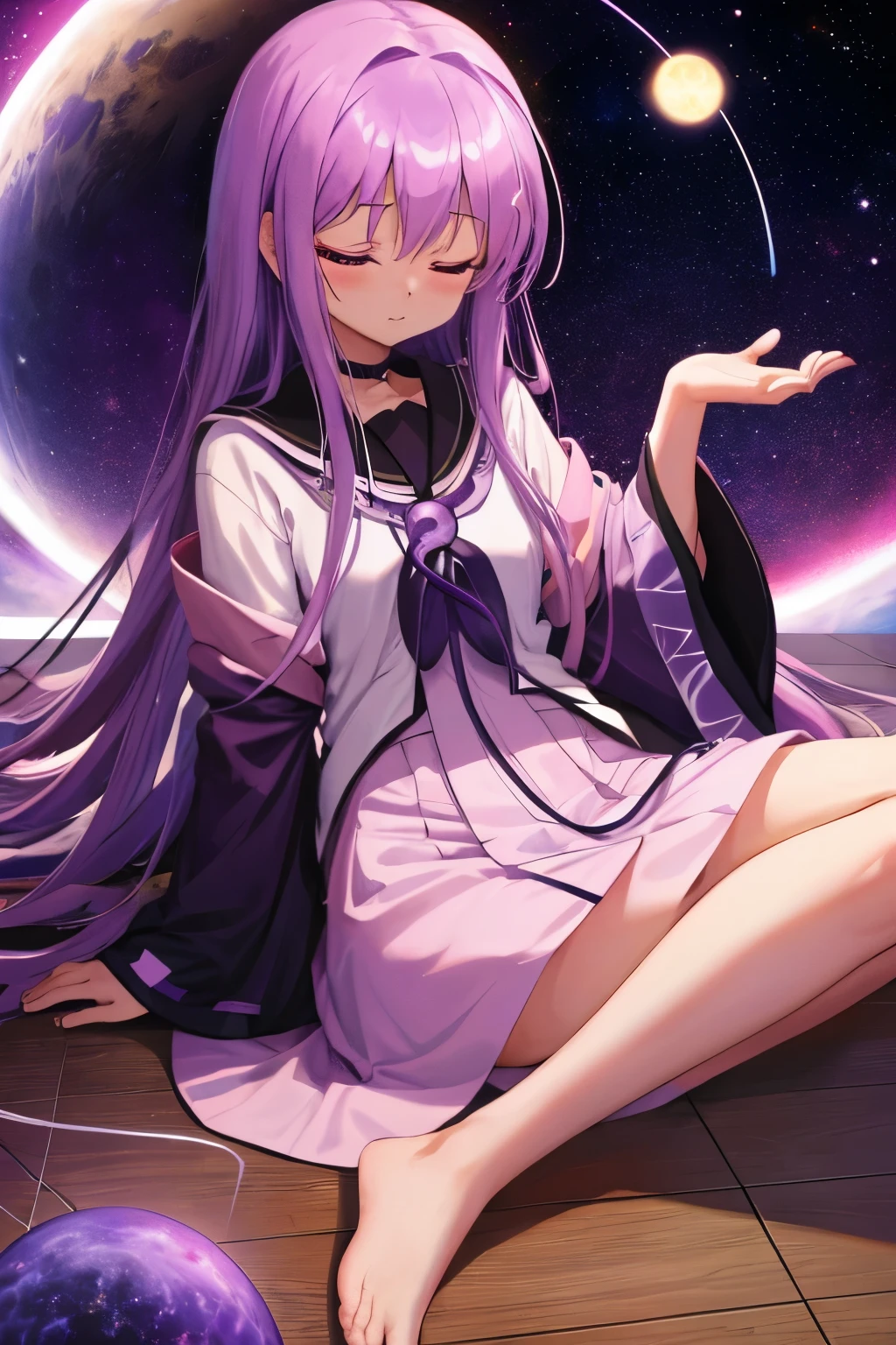 cosmic background meditate on the floor Both eyes are closed {Akemi_Homura_Puera Magimado Magica:1.15}