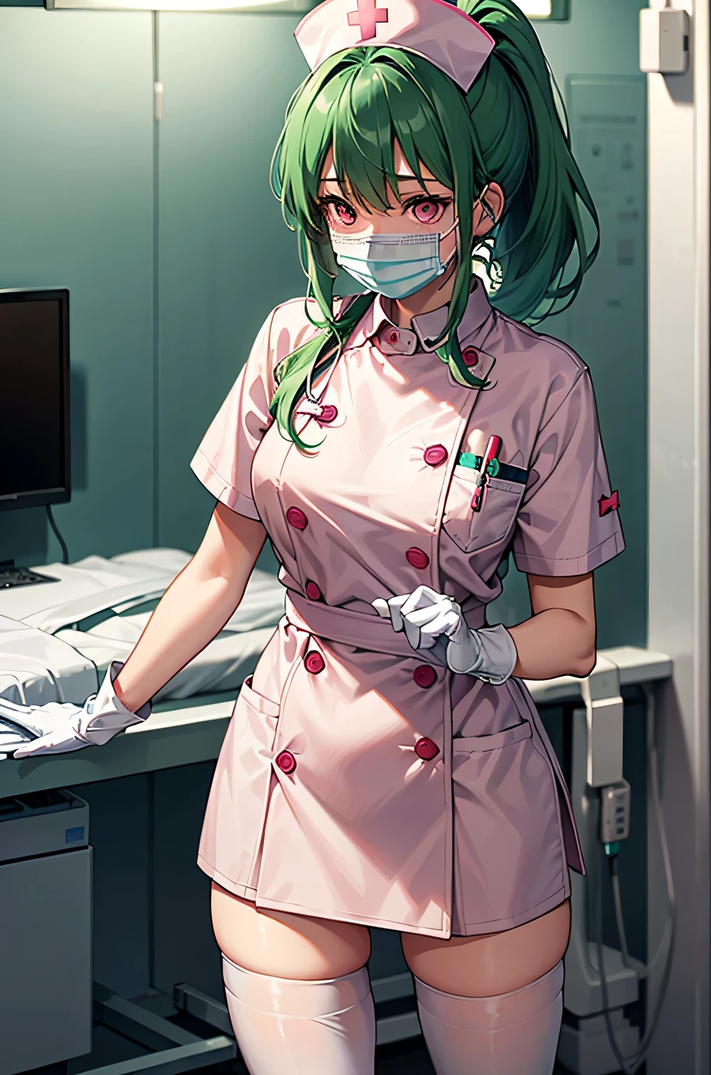 1girl, solo, nurse, nurse cap, white wear, ((white legwear, zettai ryouiki)), white gloves, ponytail, green hair, pink eyes, ((white surgical mask, covered nose)), standing, ((hospital room)), sharp outline, short sleeves, best quality, masterpiece