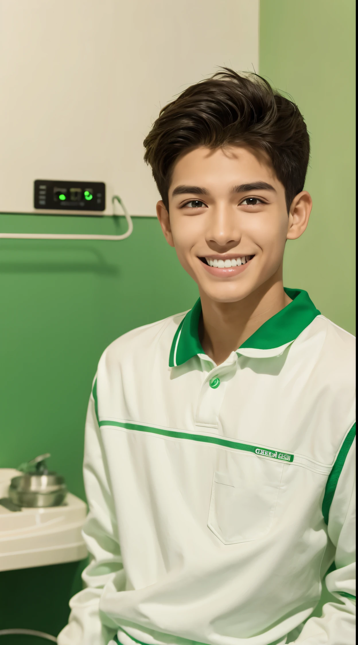 Crie um garoto de , alto, magro, olhos verdes, cabelo liso escuro e curto, branco, sorrindo, with dental appliances