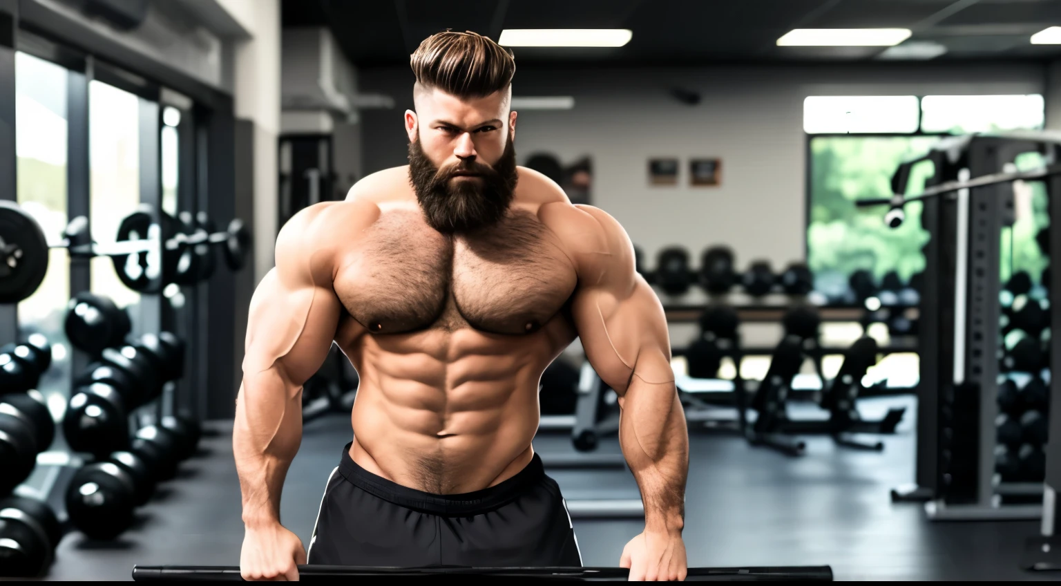 a very muscular man at the gym, beard, muscles, masterpiece, epic, best quality, 8k, wide shoulders, short hair, dark tones, gray and black tones, black shorts and sneakers, gym, muscle white tank top, angry face showing teeth, holding dumbbells in both hands, photo taken from side