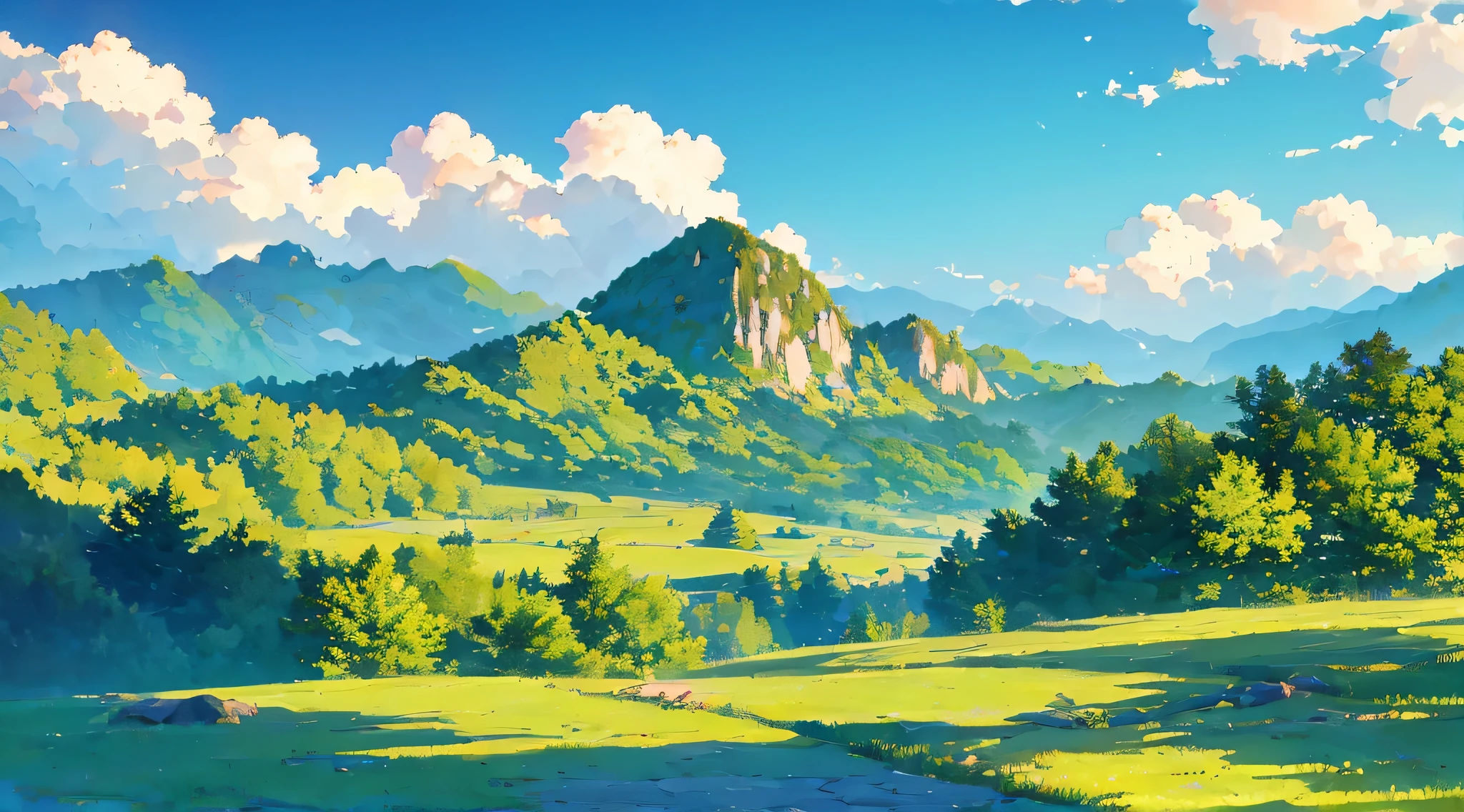 Makoto Shinkai's style，A mountain road up the mountain，in ancient，Faraway view，NOhumans，no buildings