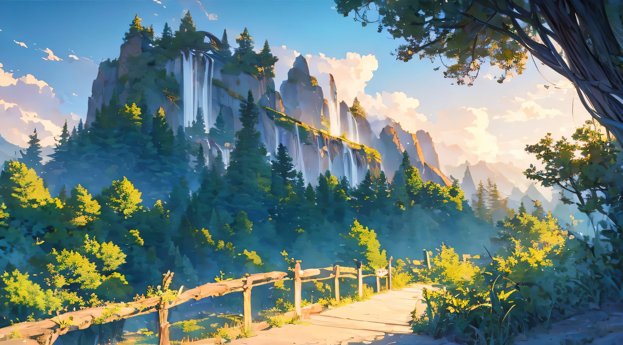 Makoto Shinkai's style,early evening,A mountain road up the mountain,In ancient China,The medium scene is,NOhumans,NOhumans,NOhumans,no buildings,no buildings,no buildings
