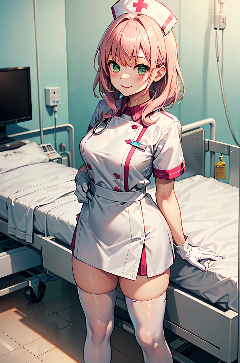 1girl, solo, nurse, nurse cap, white wear, ((white legwear, zettai ryouiki)), white gloves, pink hair, green eyes, drooping eyes, smile, standing, ((hospital room)), sharp outline, short sleeves, best quality, masterpiece