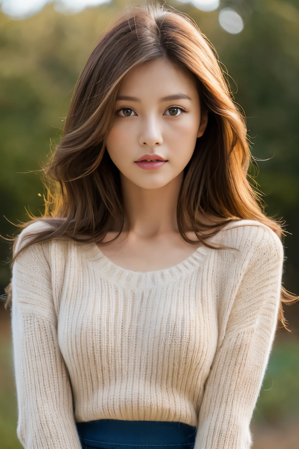 masuter piece, top-quality, ​masterpiece, hight resolution, Photorealsitic, sharp, Raw photography, 8k wallpaper, flawless, profetional lighting, ighly detailed, depth of fields,Pale solid color background, ((one beautiful women, japanese mature)), (25-years old)), Female sexy, Detailed face, beautidful eyes, bangss, small breasts of good shape, Light Brown Straight Hair, Faint lips, ((standing at front、Staring at the viewer, serious face eyes.)), Sweaters, skirt by the, fully body photo, cowboy  shot