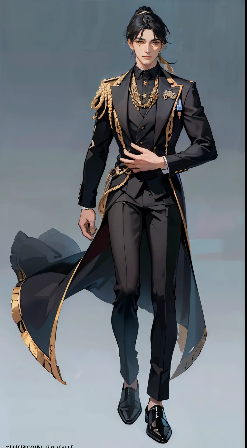 ((masterpiece,best quality,8k,highres)),((character concept art)), 1 male, royal prince, 190cm tall, extraordinary charming man, (gentle smile), super great body build ((burly,muscular)), ultra finely detailed eyes, (yellow eyes colour), intricate details, short hair,ponytail tail, flat bangs,flat fringe (black hair colour), super finely detailed hands, ultra finely detailed fingers(((ten fingers))), Stylish royal black suits, stylish black coat, black shoes, earrings, standing still, full body showcase, (show full body), (no logos on background), (no logo), (( background)), ((plain background)), ((empty background))