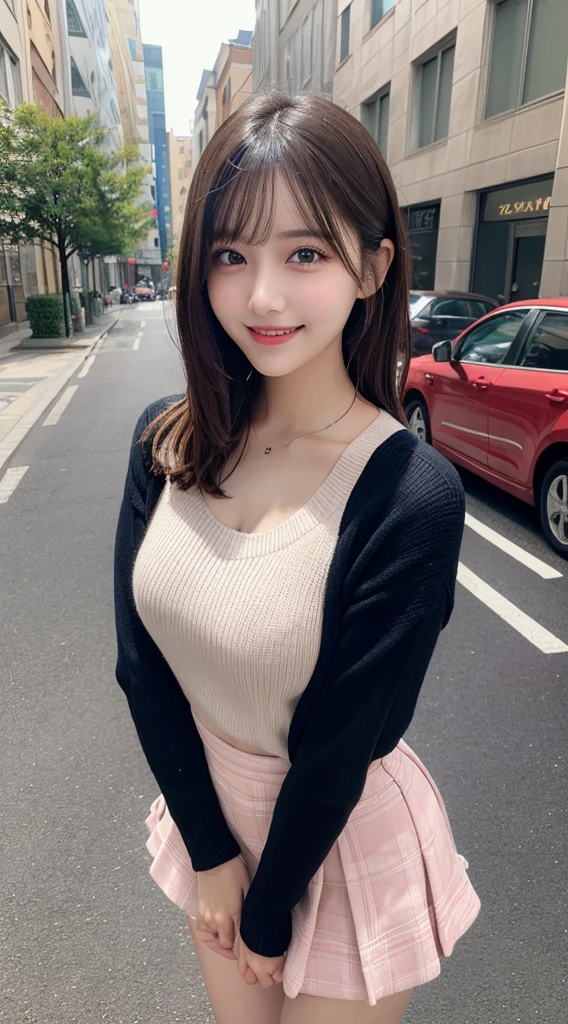masutepiece, Best Quality, Illustration, Ultra-detailed, finely detail, hight resolution, 8K Wallpaper, Perfect dynamic composition, Beautiful detailed eyes,Oversized sweaters and flared skirts,Medium Hair, small tits, Natural Color Lip, Random and sexy poses,Smile,Anatomically correct body,shake hands lightly,Cute、with round face、above-the-knee statue、In the street、waiting for lover、Smiling smile、Chest emphasis