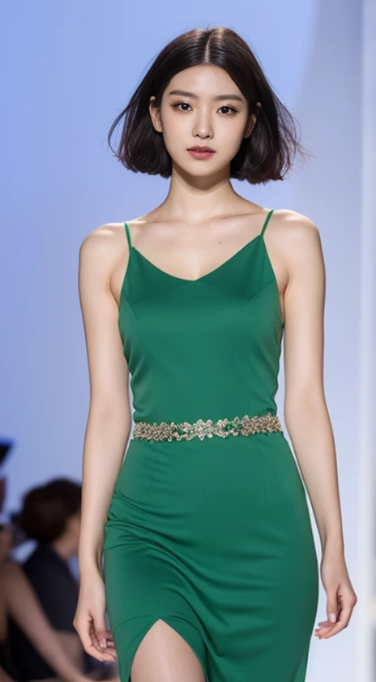 (Best quality, 8k, 32k, Masterpiece, UHD:1.2),Photo of Pretty Japanese woman, 1girl, (medium-short dark brown hair), double eyelid, fashion model,1.77meters, beautiful , contemporary cut,unique maxi very wet light green dress with slit, off-shoulder, gold belt, choker, stand tall, runway, huge stage, Paris Collection, nsfw, , see through,,,see-through_blouses,breast_pasty,(Medium shot:1.4)