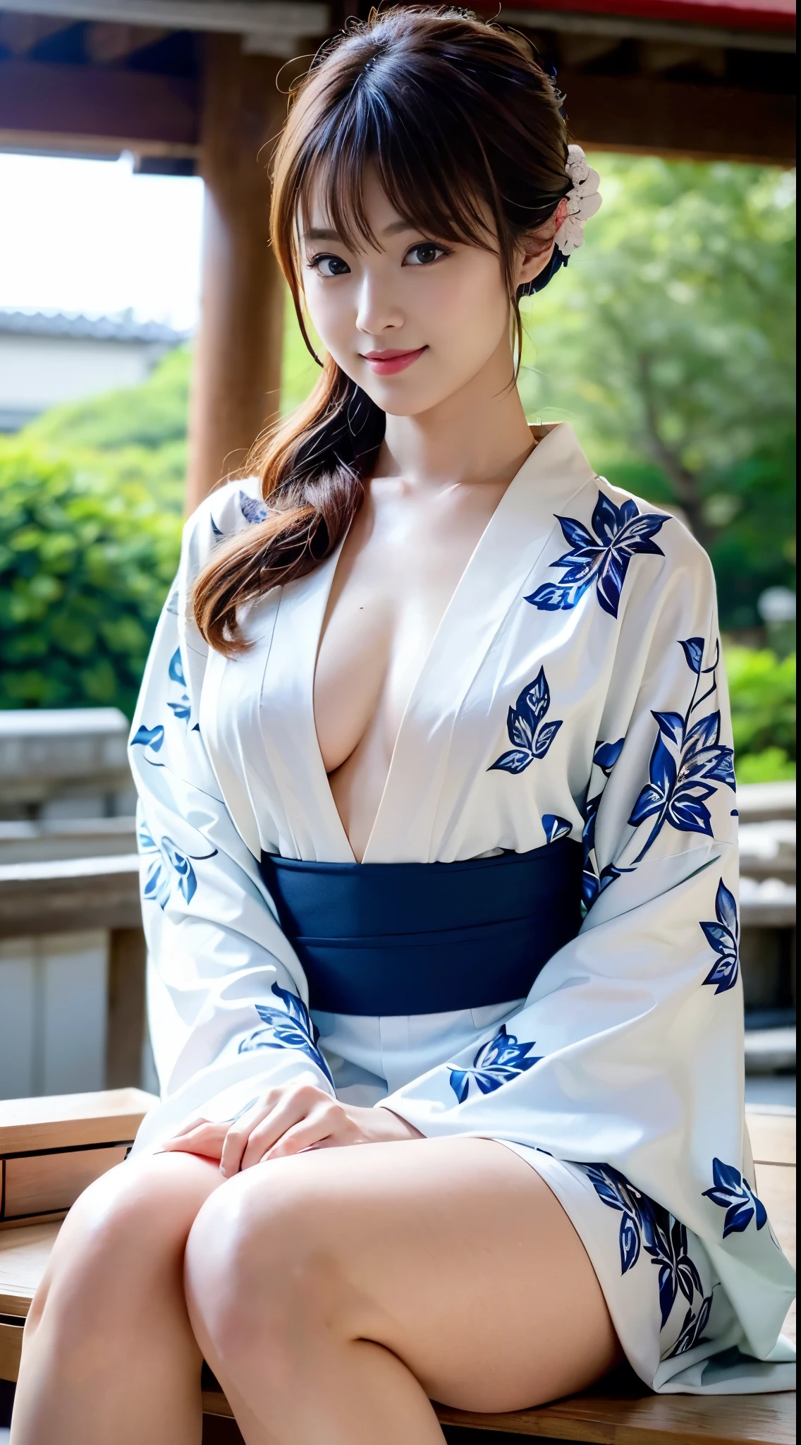 (((Wearing a long-sleeved kimono and posing with freshly baked taiyaki in front of a shrine stall))),(((A gravure idol who looks good in Japanese clothes poses with her knees together))),(((masutepiece:1.6))),(((ulzzang-6500))),(((perfect anatomia:1.6))),(((Deep depth of field with Hasselblad))),(((Sexy waist))),masterpiece,top-quality,超A high resolution,High detailed portrait,(photographrealistic:1.4),(((High nose and chiseled beautiful face))),(((Long limbs like a model))),The fair-skinned nape of the neck is dazzling,(((Wear beautiful formal Japanese clothing that shows off your body lines.))),chin up and drink tea,((Full body shot from a low front position)),Cute 20 years old, Her long glossy chestnut hair is tied up and the nape of her neck is sexy.,((Proud F cup beautiful breasts )),(I can't get enough of my waistline),(Famous popular actresses of Japan),(Look over your shoulder and smile with the corners of your mouth and eyebrows raised),A detailed eye,((Gravure photoshoot at a shrine with an elegant atmosphere full of trees)),((long lashes,big eye,Distinct double eyelids,((shiny thick lips)),(((perfect anatomia:1.4))),
