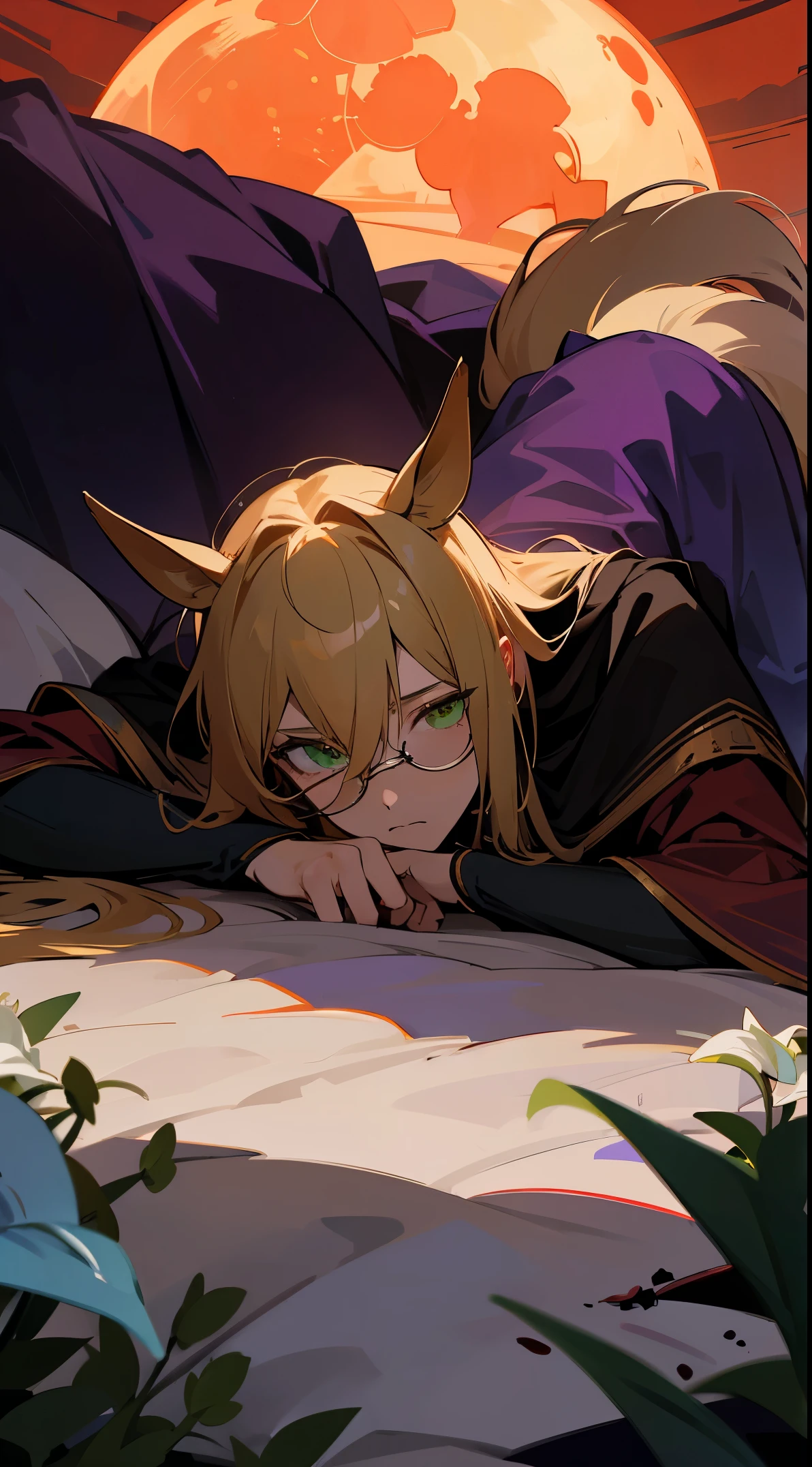 1man, centaur, horse ears, horse tail, blonde hair, long hair, green eyes, monocle, eyeglass, purple cloak, very sad, lying on the bed, lying, surrounded by roses and lilies, Blood on the sheet, night, flowers, bloody, red moon