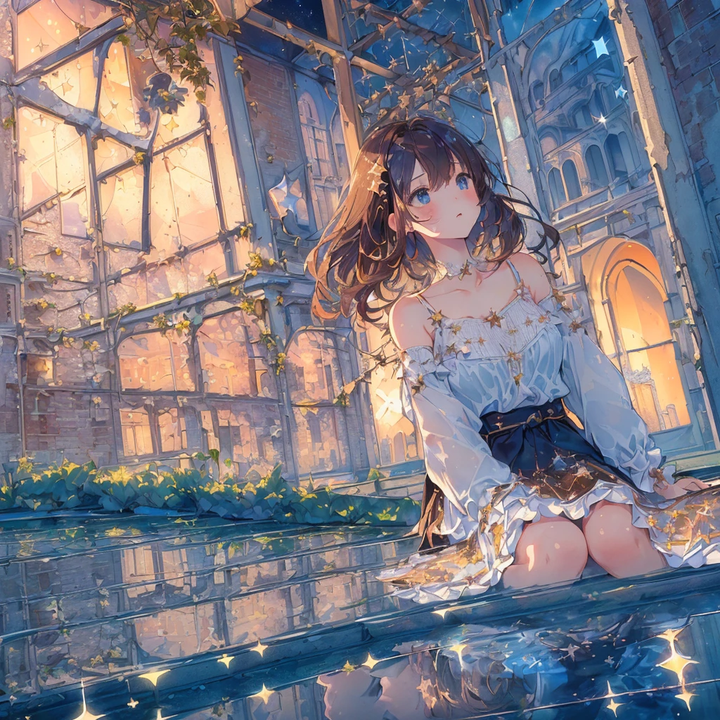 (((best, highest quality)) (((( masterpiece))), (((highest quality))), (((super detailed))), (very delicate and beautiful)), girl looking up at the sky, light like in a movie, (((water pooling in an old building and reflecting starry sky))), Milky Way, (rusty sign)), ruins, hanging ivy, summer, moon, cherry blossom,