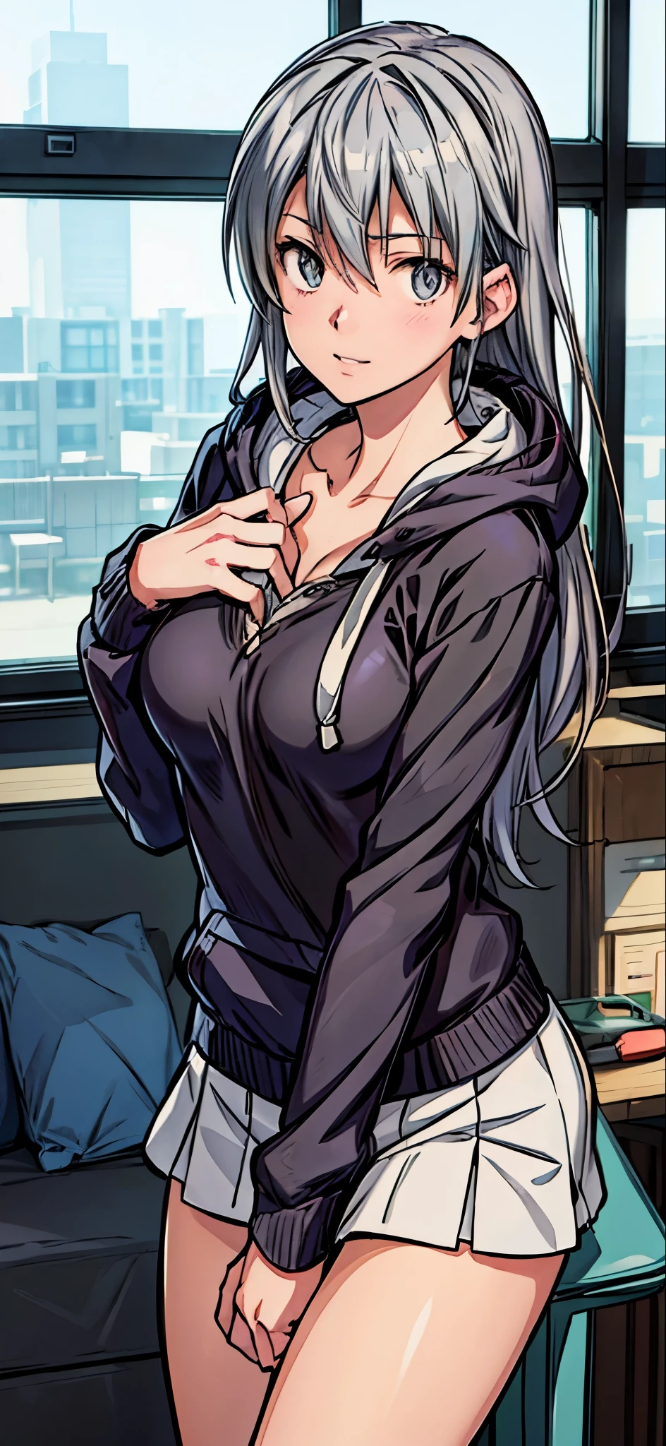 (Best Quality,4K,8K,hight resolution,masutepiece:1.2), Ultra-detailed, (Realistic,photoRealistic,photo-Realistic:1.37), nerdy, Smirk,((Gray hair color)),((Long hair)), ((hair over eyes)),((Larger hoodie)),Black spats, espadrilles,Beautiful detailed eyes, Beautiful detailed lips, extremely detailed eye and face, long eyelashes, Realistic anime 3D style, Smooth Anime CG Art, Digital rendering by Makoto Shinkai, Moe Anime Art Style, photoRealistic rendering of an anime girl, Shinkai Makoto style, Cute anime girl visuals, Realistic young anime girl, girl fan art, Created by Anime Artist'studio of.