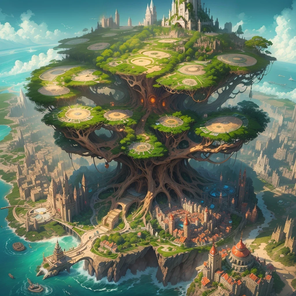 The farthest aerial view, an island in the sea, There is a huge spiritual tree on the island that is as huge as the world, This is the base of natural magicians, It is a fantasy-style magic city, The giant tree is surrounded by the buildings of the Magic Academy and the village。the Sun Shining，A continuous city-state