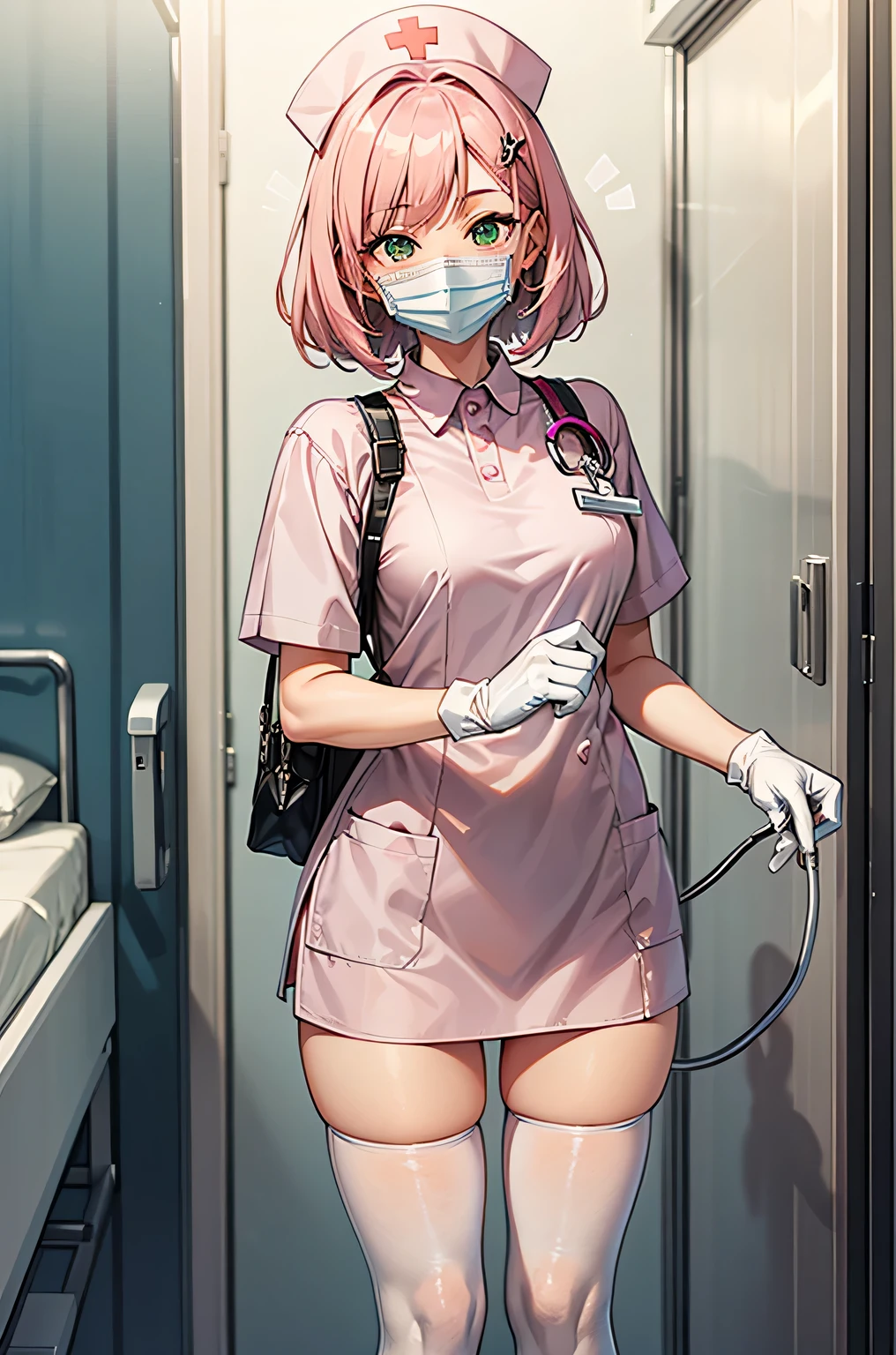 1girl, solo, nurse, nurse cap, white wear, ((white legwear, zettai ryouiki)), white gloves, pink hair, green eyes, drooping eyes, ((white surgical mask, covered nose)), standing, ((hospital room)), sharp outline, short sleeves, best quality, masterpiece