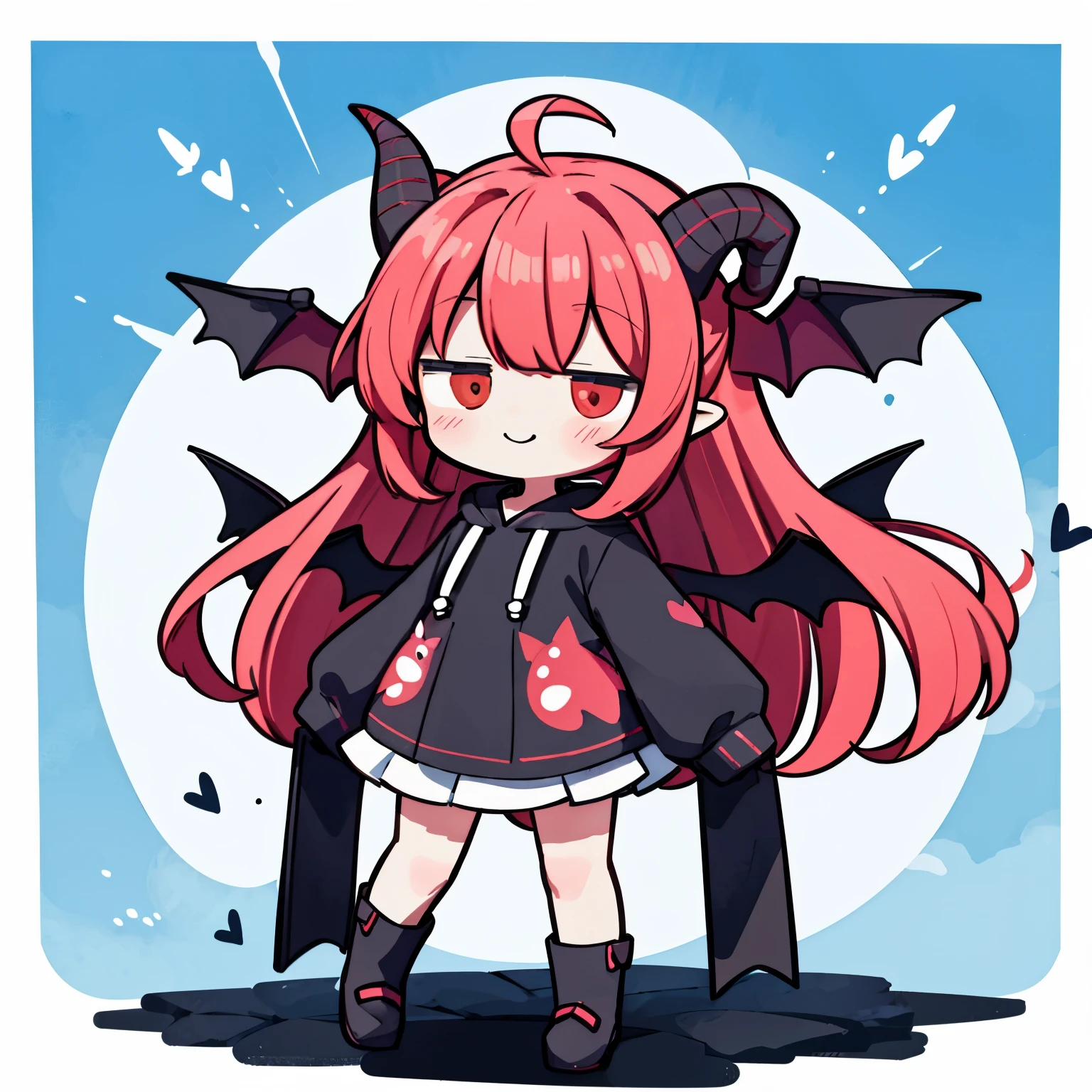 (Chibi:1.2), full bodyesbian、Kigurumi,succubus、succubusの着ぐるみ、a smile、Devil's Wings、Horns、watercolor paiting, Standing, Sunlight, (work:1.2)、heart、teak、