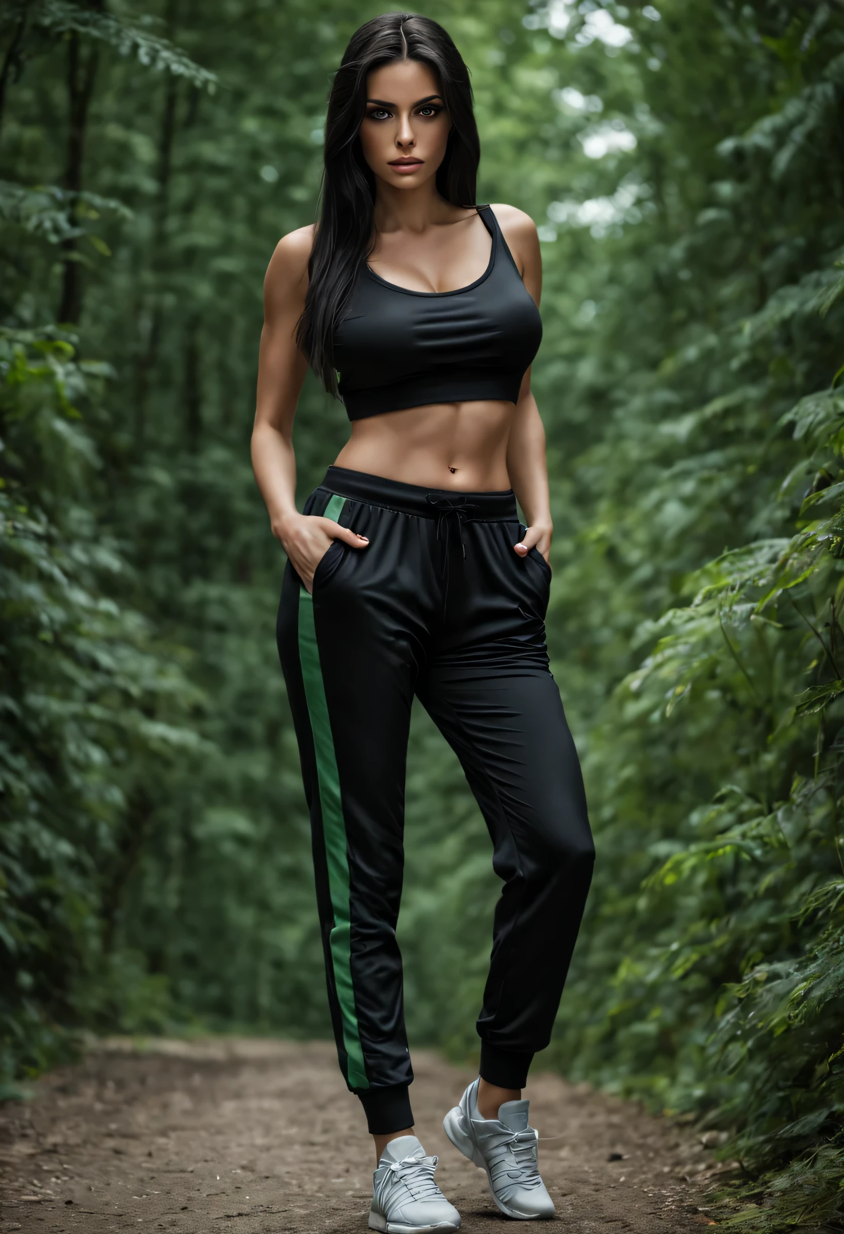 full entire body, Meisterwerk, best quality, Realistisch, photo-Realistisch, 1girls, big boobs, wearing a top and loose jogging pants, Blick auf den Betrachter, black long hair with streaks, green eyes, von hinten