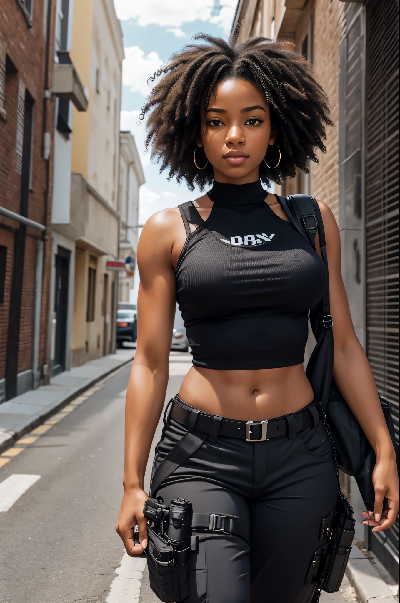 african american woman, afro curly hair, black hair, afro hair woman, wearing a gray tank top and black pants, the matrix style, tactical shoulder holster, 454 casull revolver, tactical gears