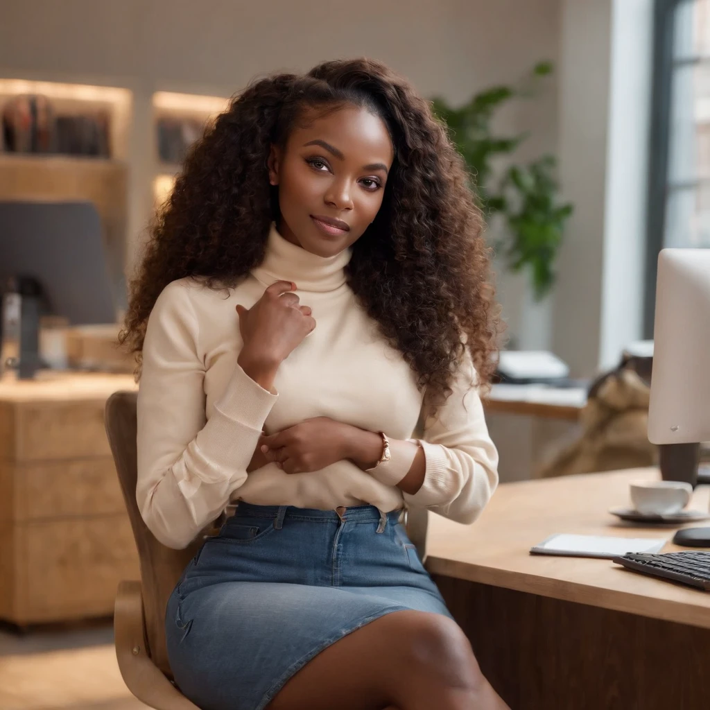 ((Dark African skin, Very deep ebony skin)), ((Its beauty  undeniable)), ((Excited cute face)), ((Hyper detailed perfect eyes,)), ((pose mignonne)), ((Langue sortie)), ((Seductive )), sexy, ((beige warm turtleneck, jeans, office, sitting behind desk)), ((Afro ponytail with long African curly hair,)), (( peau)), ((debout, vue de face)), ((toucher ses propres jambes dans une pose sexy)), ((The Hague, office, work, sitting behind desk , Ville publique, people in the background)), ((doing groceries)), Sharp Focus CGI, photoreallistic, High detail, Realstic, Masterpiece, absurdes, Best quality, Hdr, High quality, high-definition, Extremely detailed, 8k wallpaper, Intricate details, 8K UHD, Full-HD, (photo realist:1.2), contraste, intense illumination, lighting cinematic, natural lighting, veilleuse, Nuit, Illumination globale, Laughing out loud, a la piscine African women、Female sexy, the hague