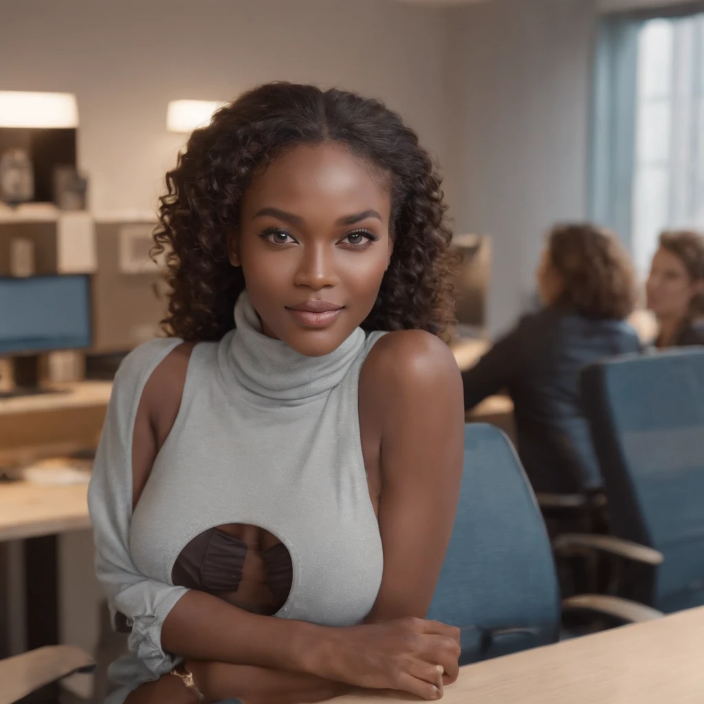((Dark African skin, Very deep ebony skin)), ((Its beauty undeniable)), ((Excited cute face)), ((Hyper detailed perfect eyes,)), ((pose mignonne)), ((Langue sortie)), ((Seductive )), sexy, ((beige warm turtleneck, jeans, office, sitting behind desk)), ((Afro ponytail with long African curly hair,)), (( peau)), ((debout, vue de face)), ((toucher ses propres jambes dans une pose sexy)), ((The Hague, office, work, sitting behind desk , Ville publique, people in the background)), ((doing groceries)), Sharp Focus CGI, photoreallistic, High detail, Realstic, Masterpiece, absurdes, Best quality, Hdr, High quality, high-definition, Extremely detailed, 8k wallpaper, Intricate details, 8K UHD, Full-HD, (photo realist:1.2), contraste, intense illumination, lighting cinematic, natural lighting, veilleuse, Nuit, Illumination globale, Laughing out loud, a la piscine African women、Female sexy, the hague
