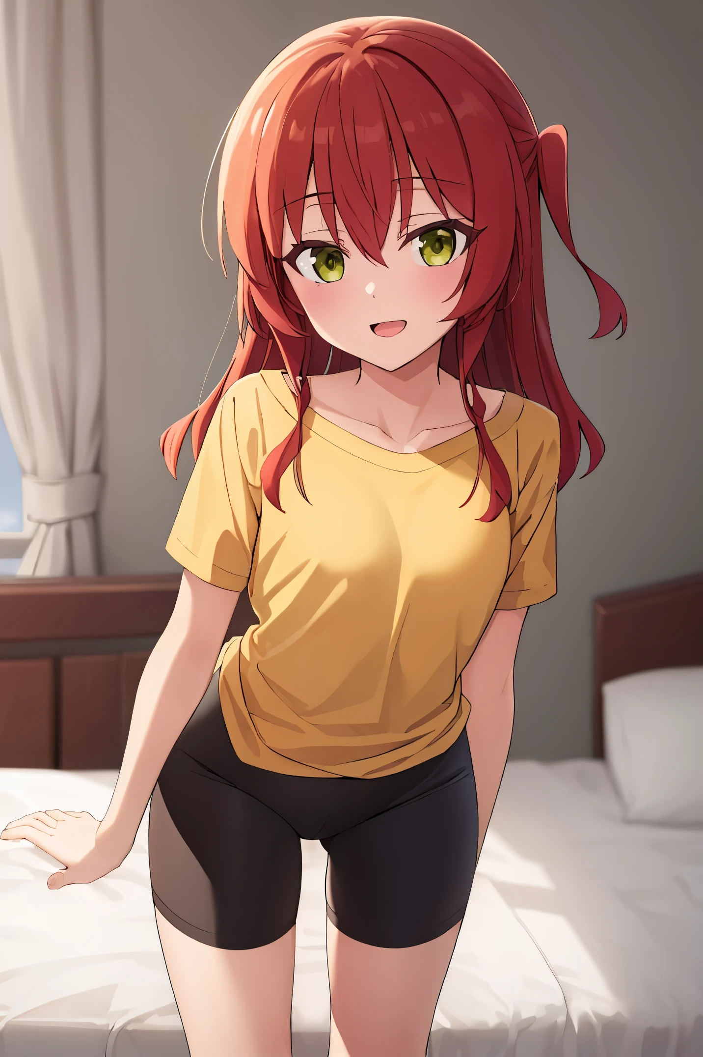 1 girl, best quality, ultra high res, long hair, red hair, green eyes, looking at viewers, small breast, standing, pov, slim body, loli body, small body, smile, open mouth, yellow shirt, short sleeves, bike shorts, bedroom, white bed sheets,