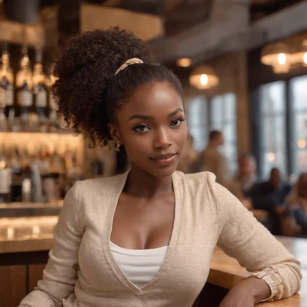 ((Dark African skin, Very deep ebony skin)), ((Its beauty undeniable)), ((Excited cute face)), ((Hyper detailed perfect eyes,)), ((pose mignonne)), ((Langue sortie)), ((Seductive )), ((warm beige turtleneck, jeans, coffee)), ((Afro ponytail with long African curly hair,)), (( peau)), ((debout, vue de face)), ((toucher ses propres jambes dans une pose sexy)), ((The Hague, bar, coffee , Ville publique, people in the background)), ((doing groceries)), Sharp Focus CGI, photoreallistic, High detail, Realstic, Masterpiece, absurdes, Best quality, Hdr, High quality, high-definition, Extremely detailed, 8k wallpaper, Intricate details, 8K UHD, Full-HD, (photo realist:1.2), contraste, intense illumination, lighting cinematic, natural lighting, veilleuse, Nuit, Illumination globale, Laughing out loud, a la piscine African women、Female sexy, the hague