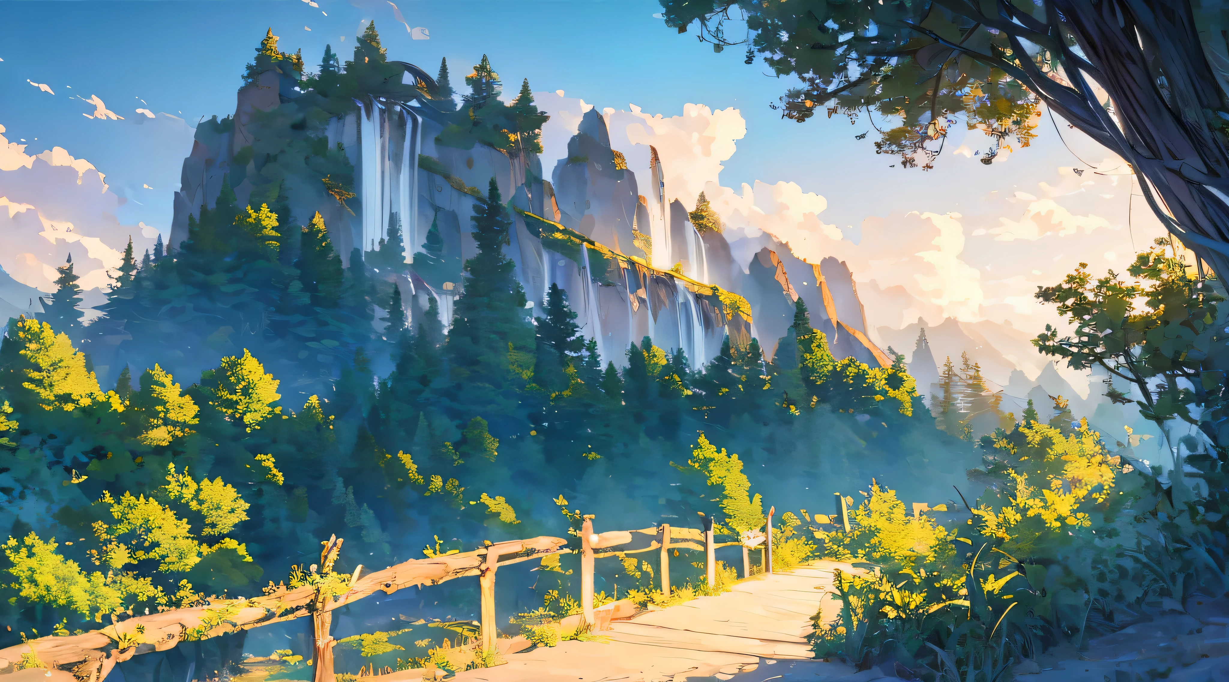 Makoto Shinkai's style,early evening,A mountain road up the mountain,In ancient China,The middle view is,without humans,without humans,without humans,no buildings,no buildings,no buildings