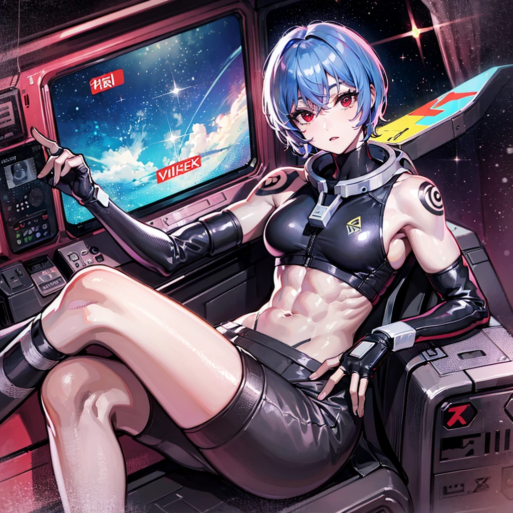 (((masterpiece、Top image quality、top-quality、highly detailed unity 8kwall-paper)))、((Illustration of one girl))、(pilot)、(((blue silver short hair)))、Red eyes、((Tall))、(((Muscle Girl、Muscular and strong body、abdominals、muscular and thick arms、muscular and thick legs、stocky build、muscular legs、broad shoulders))))、(((白いpilotスーツ)))、((manspreading、Sitting in the cockpit))、((space fighter cockpit、The Universe on the Monitor、Earth seen from space))