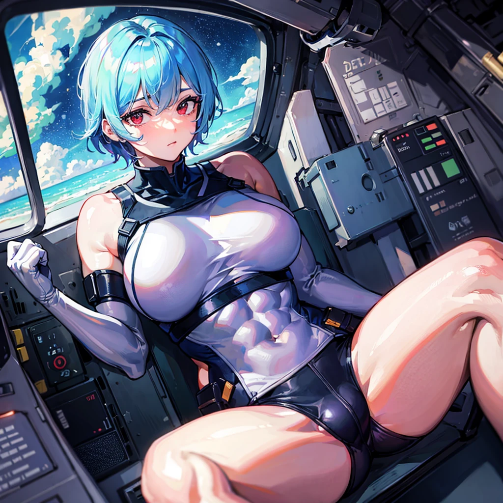 （（（​masterpiece、Top image quality、top-quality、highly detailed unity 8ｋwall-paper）））、（（Illustration of one girl））、（pilot）、（（（blue silver short hair）））、Red eyes、（（Tall））、（（（Muscle Girl、Muscular and strong body、abdominals、muscular and thick arms、muscular and thick legs、stocky build、muscular legs、broad shoulders））））、（（（白いpilotスーツ）））、（（manspreading、Sitting in the cockpit））、（（space fighter cockpit、The Universe on the Monitor、Earth seen from space））