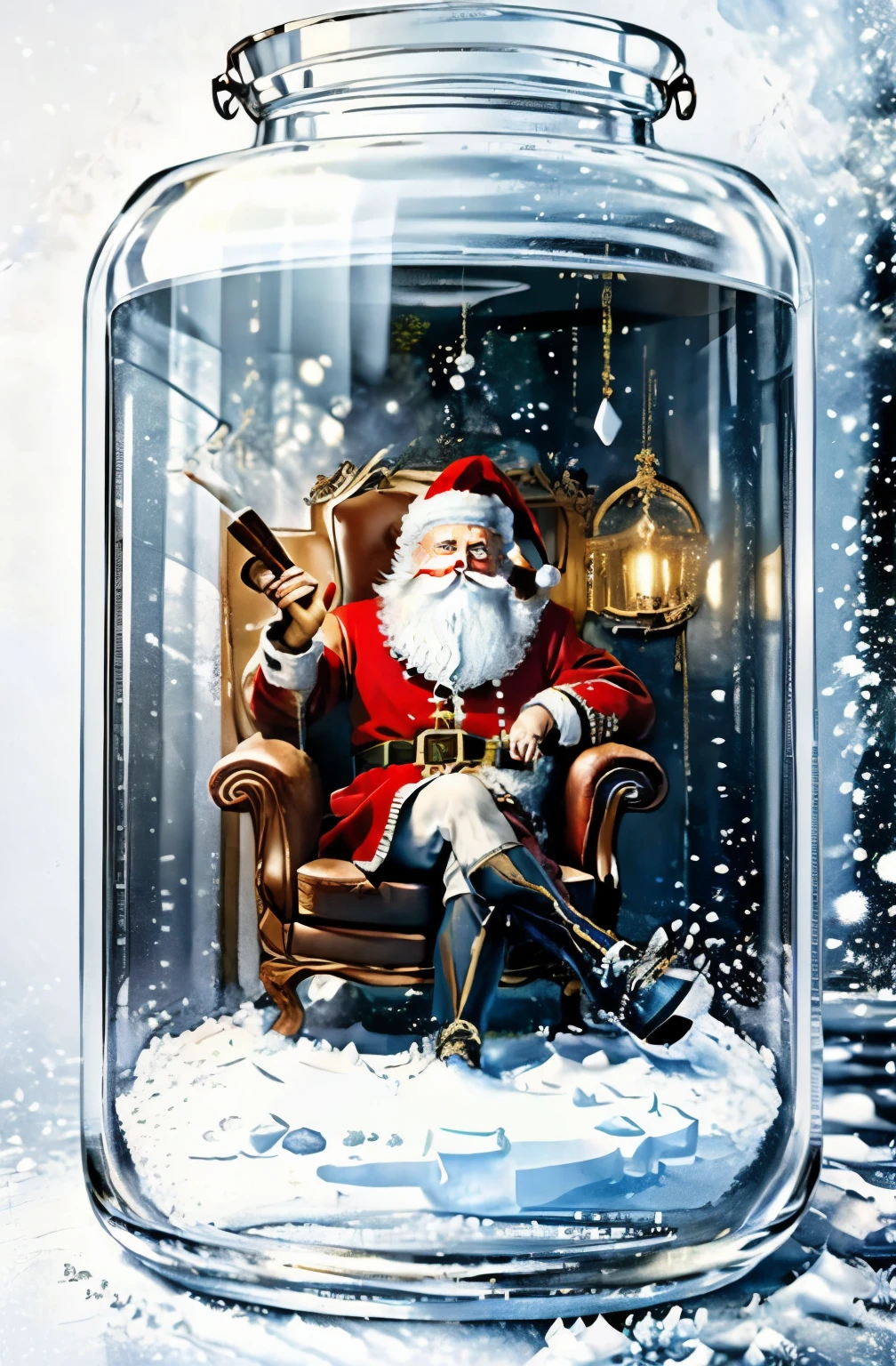Realistic. Ultra detailed. Kitchen. Close-up of a large refrigerator. The door of the big refrigerator is open, inside the refrigerating chamber there is a baroque armchair. Santa Claus is resting in the chair. There is snow and ice everywhere.Putting his foot on his leg, he is smoking a big cigar. On the table there is a bottle of rum and a glass with a drink.